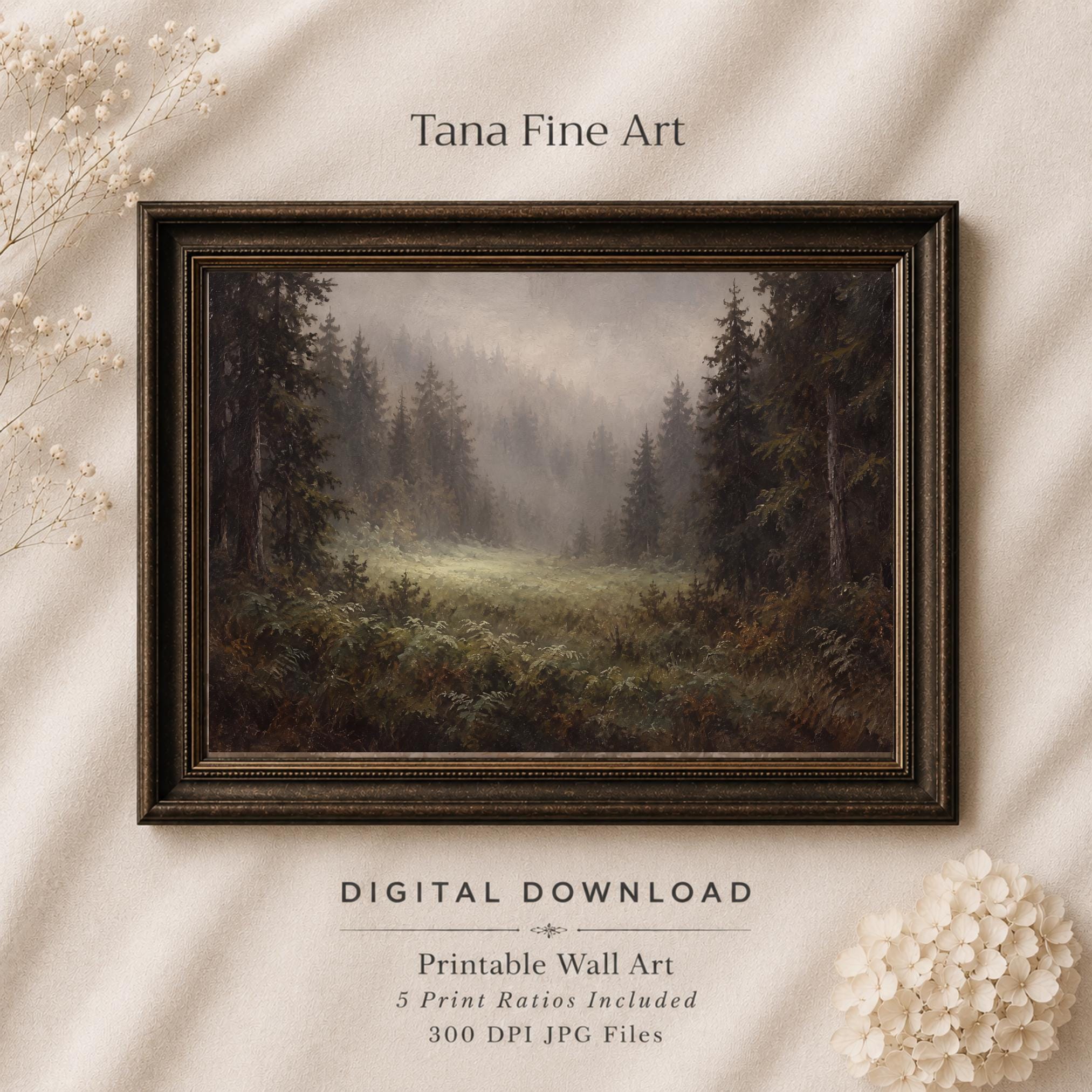 Misty Forest Printable Wall Art, Moody Evergreen Landscape, Rustic Cabin Decor Digital Download