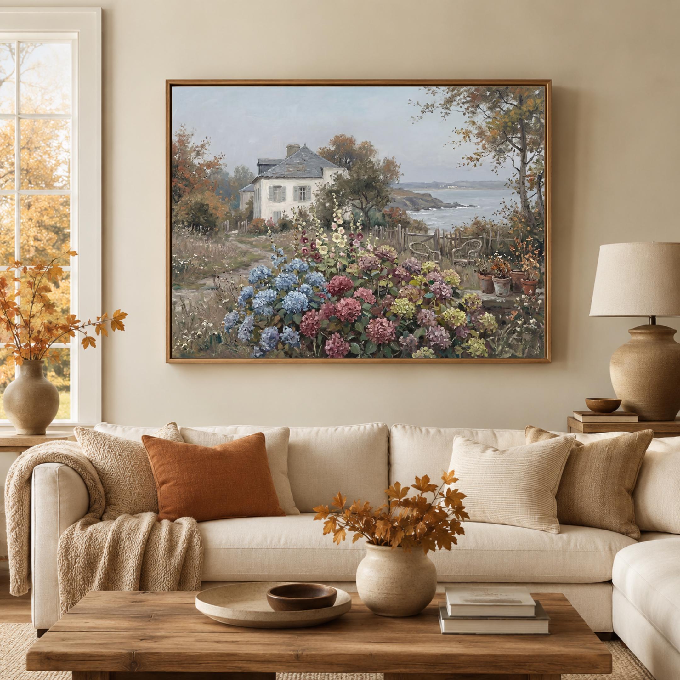 Coastal Cottage Garden Wall Art, Hydrangea Seaside Floral Landscape Print, Vintage Coastal (Digital Download) — image 7