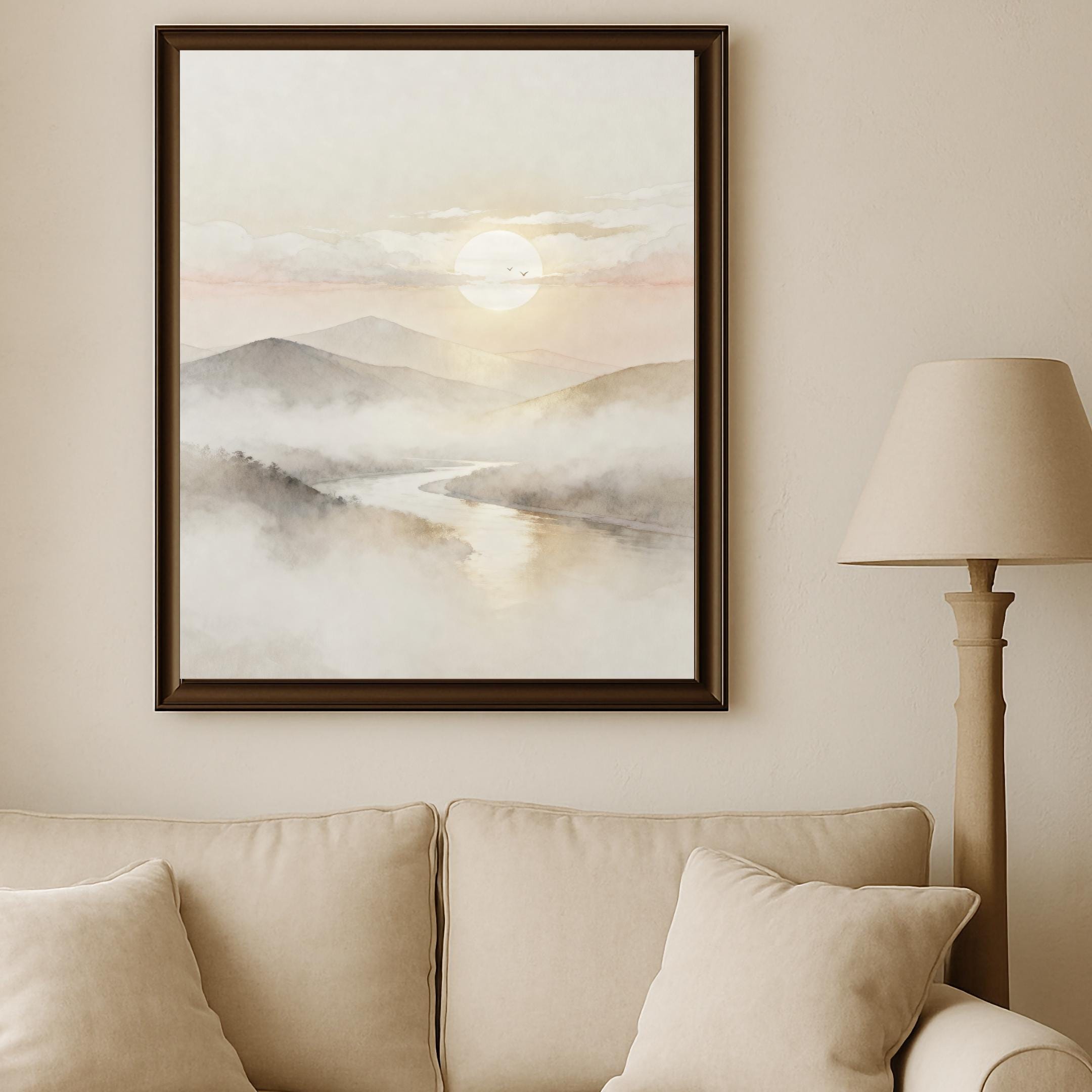 Neutral Mountain River Printable Wall Art, Misty Watercolor Landscape, Japandi Decor Digital Download — image 6