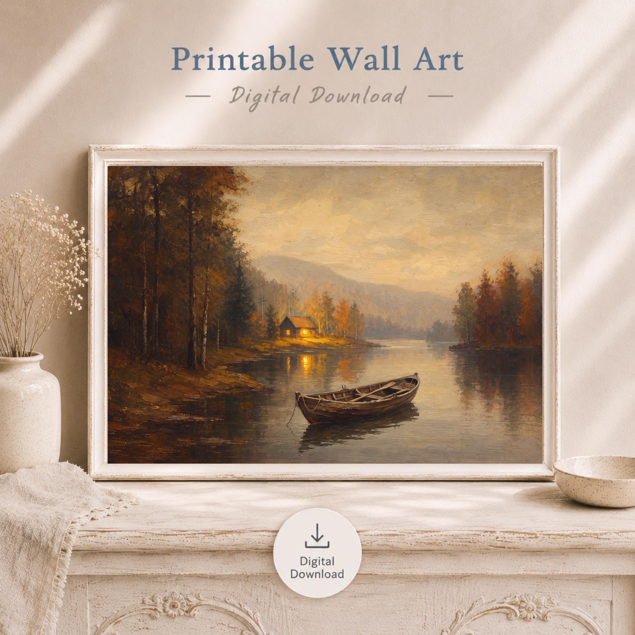 Fall Lake House Wall Art | Moody Vintage Boat Landscape Print | Rustic Printable Digital Download — image 8