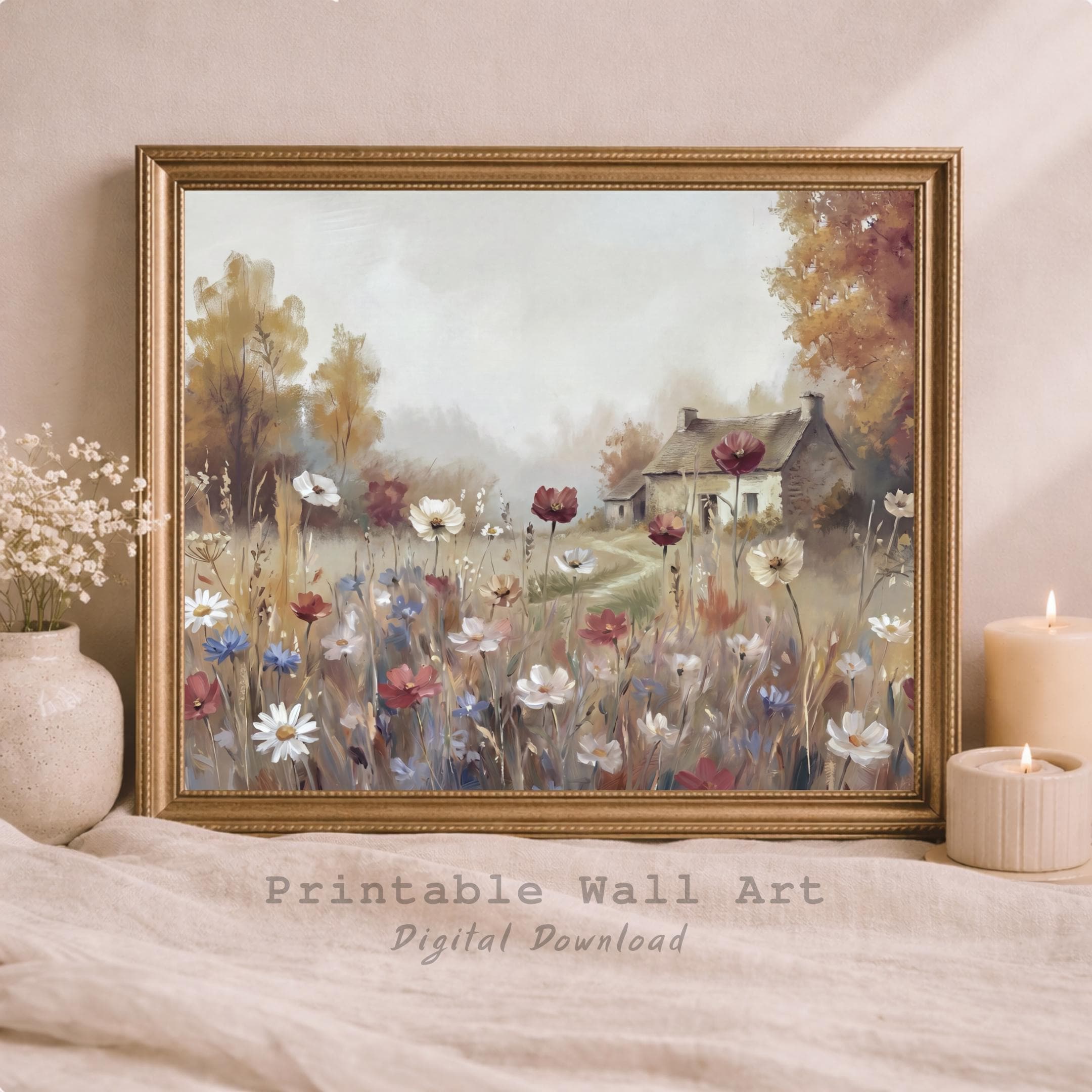 Rustic Fall Cottage Wall Art, Autumn Wildflower Meadow, Cottage Garden Print (Digital Download)