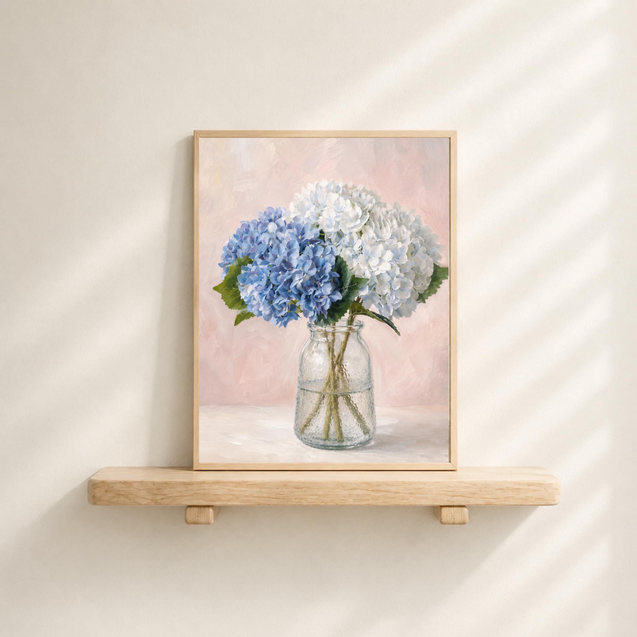 Blue Hydrangea Floral Vase, Neutral Floral Prints, Soft Pink Cottage Wall Art (Digital Download) — image 3