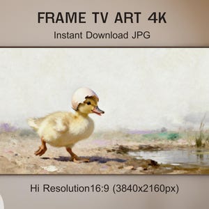 Puede incluir: Una impresión de arte digital enmarcada para un Frame TV. La obra presenta un patito amarillo con una cáscara de huevo en la cabeza, caminando cerca de un estanque. El texto "FRAME TV ART 4K" y "Instant Download JPG" están en la parte superior. La resolución es 3840x2160px.