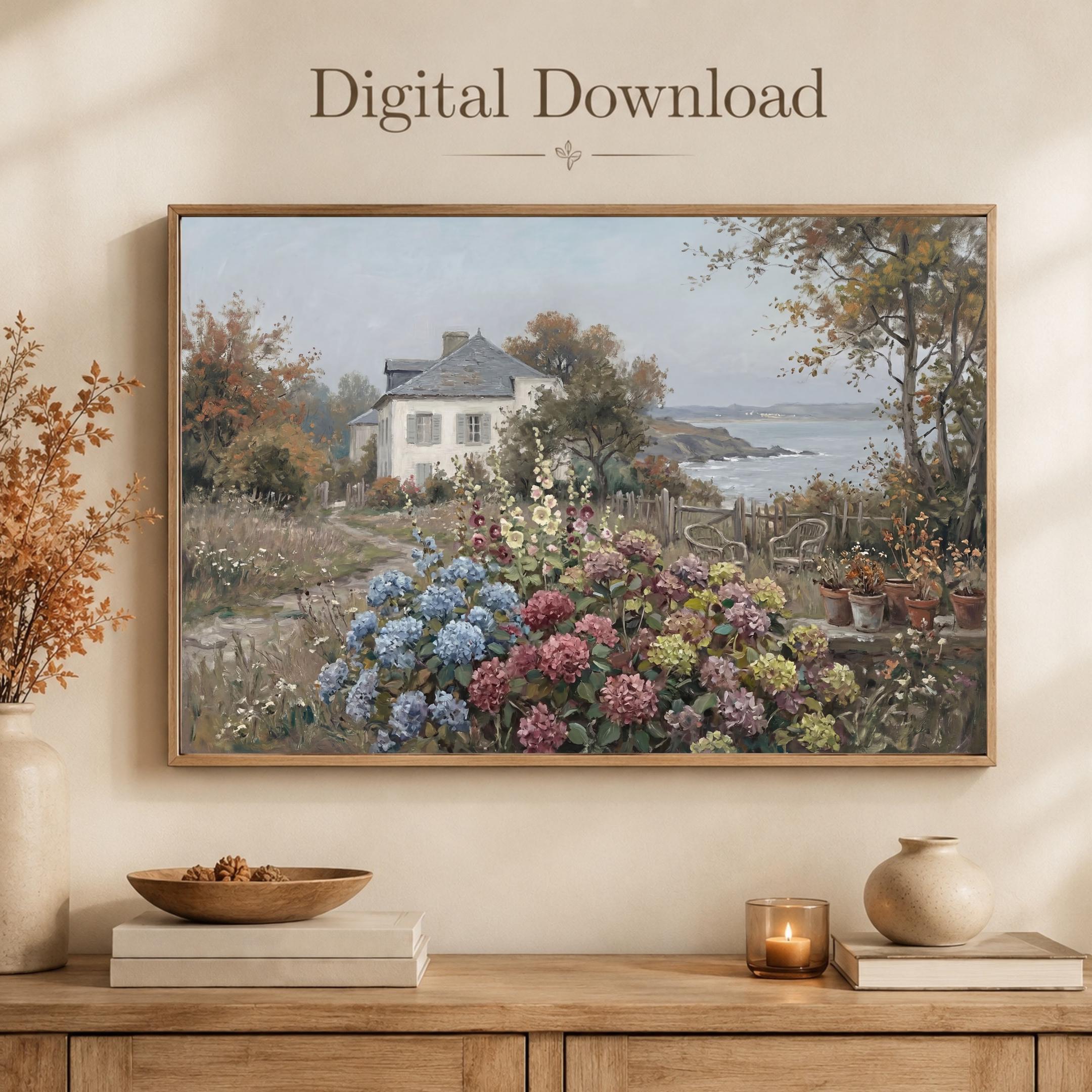 Coastal Cottage Garden Wall Art, Hydrangea Seaside Floral Landscape Print, Vintage Coastal (Digital Download) — image 4