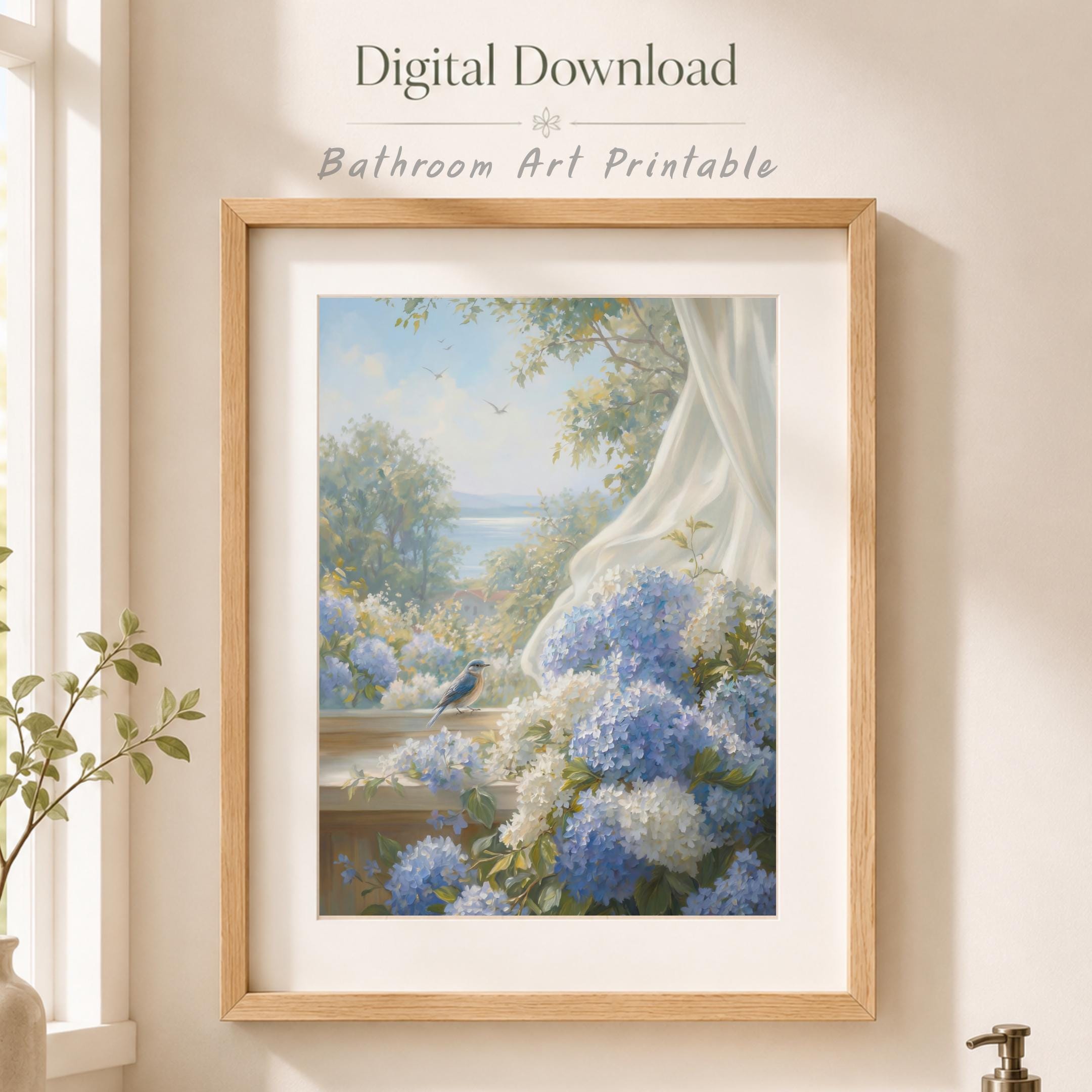 Blue Hydrangea Garden Wall Art | Summer Coastal Cottage Floral Print with Bird (Digital Download) — image 5