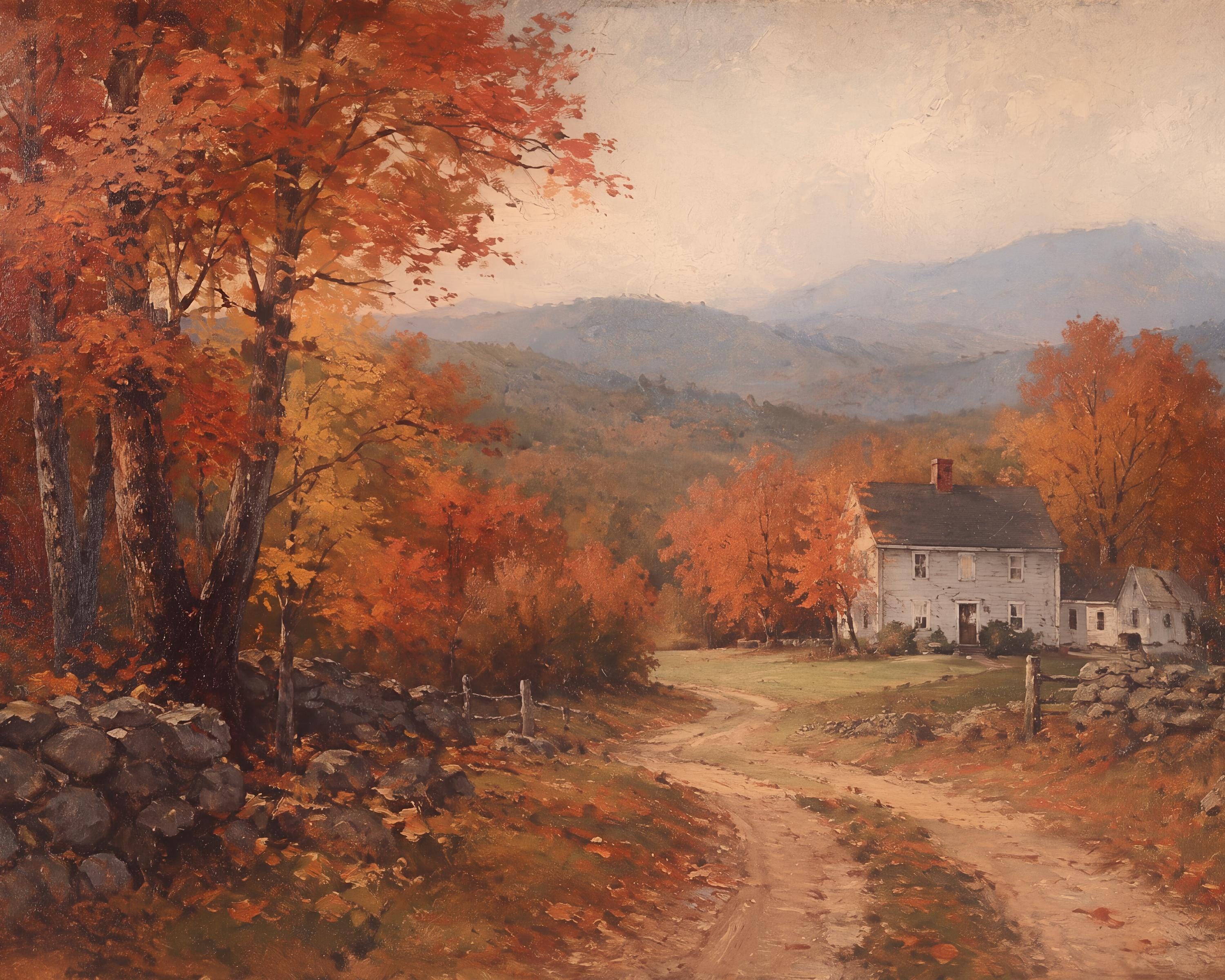 Vintage Fall Cottage Wall Art, New England Autumn Landscape, Rustic Farmhouse Decor Digital Download — image 5