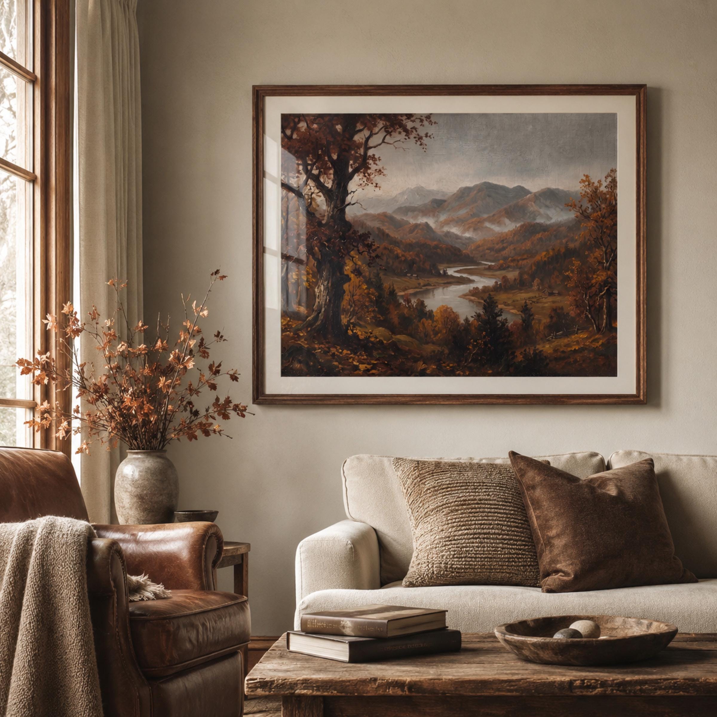 Autumn Landscape Wall Art | Fall Mountain River Valley Print | Moody Vintage Nature Digital Download — image 3