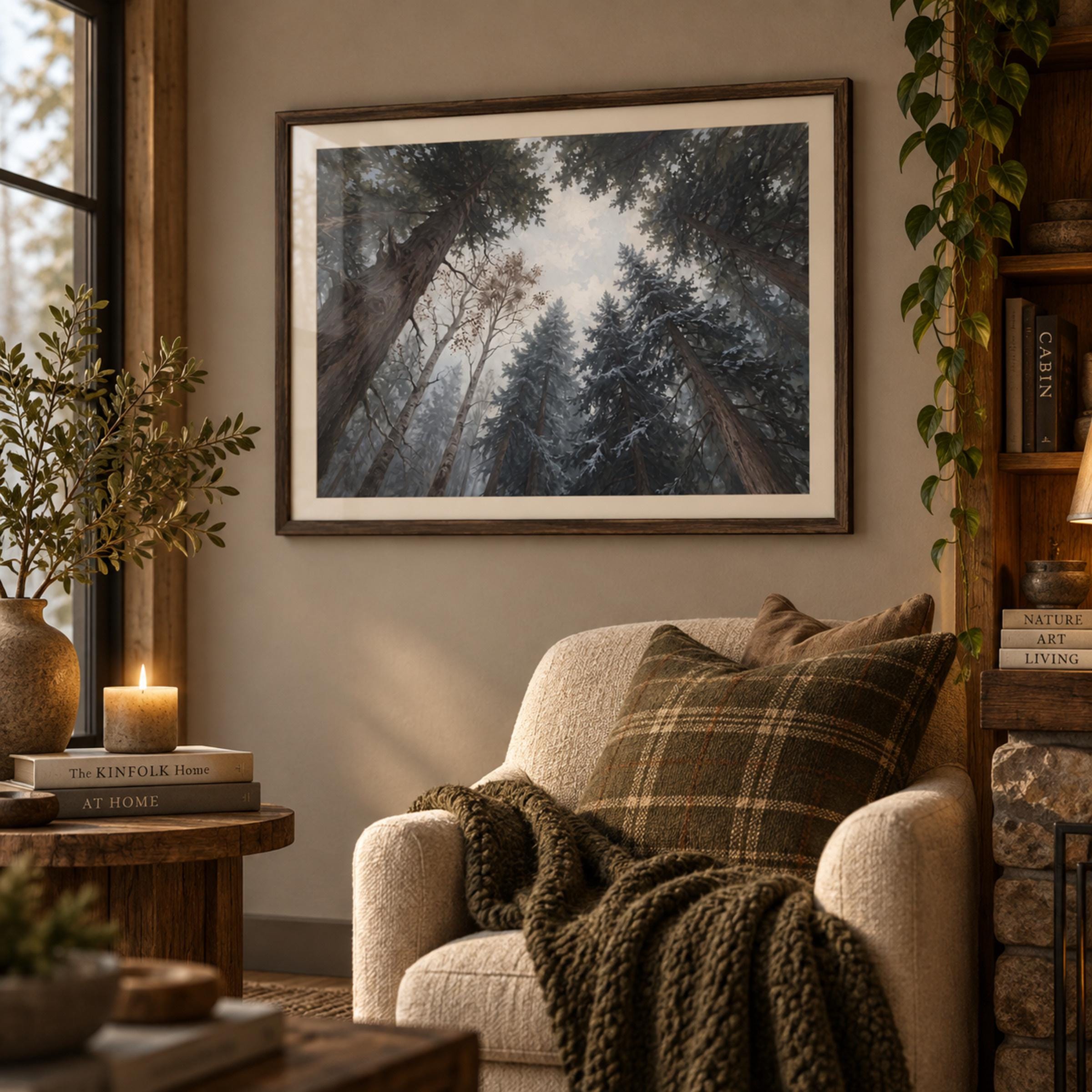 Snowy Pine Forest Canopy Wall Art, Moody Woodland Landscape, Rustic Cabin Decor Digital Download — image 3