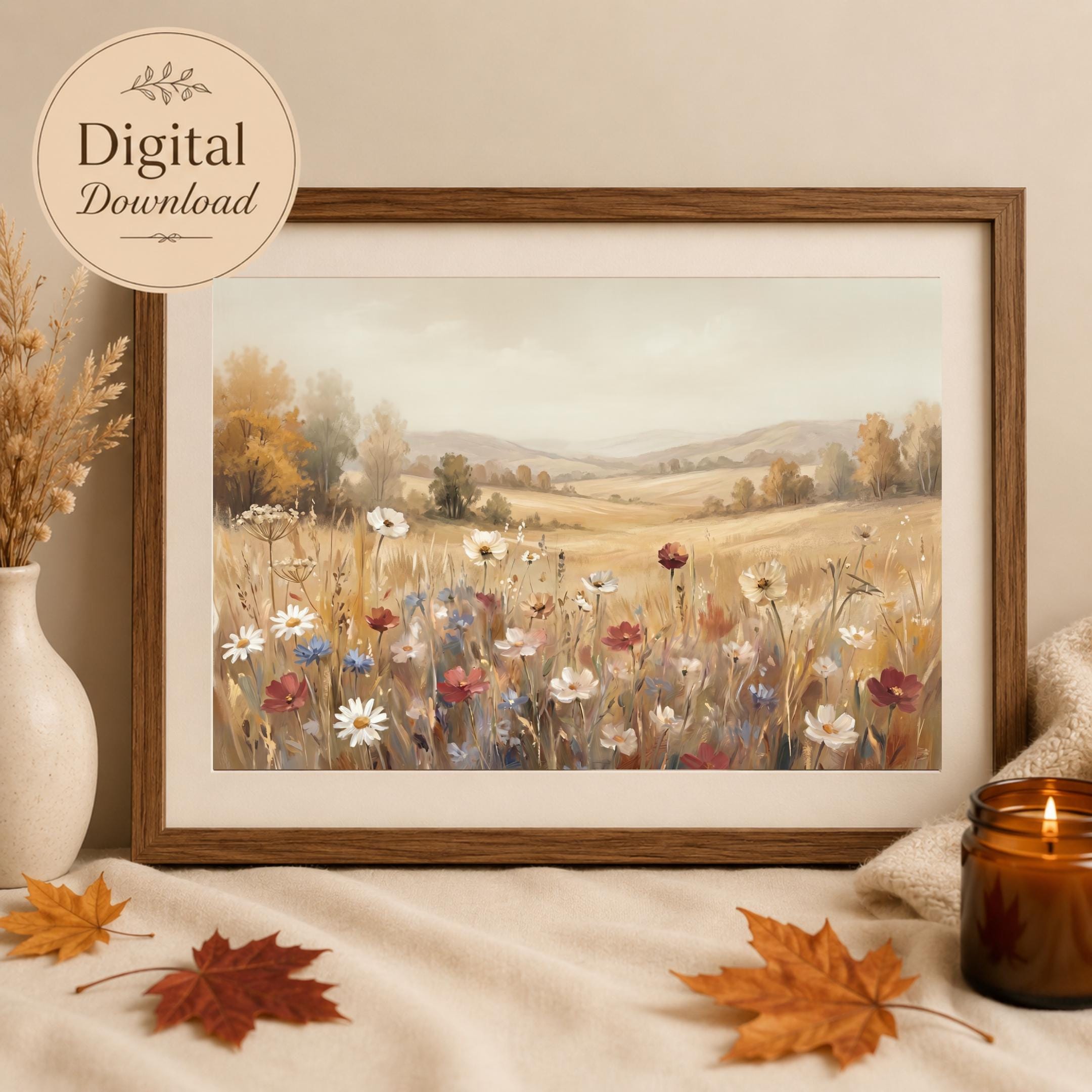 Neutral Floral Print, Wildflower Meadow Landscape Wall Art, Soft Cottage Nature Prints (Digital Download) — image 5
