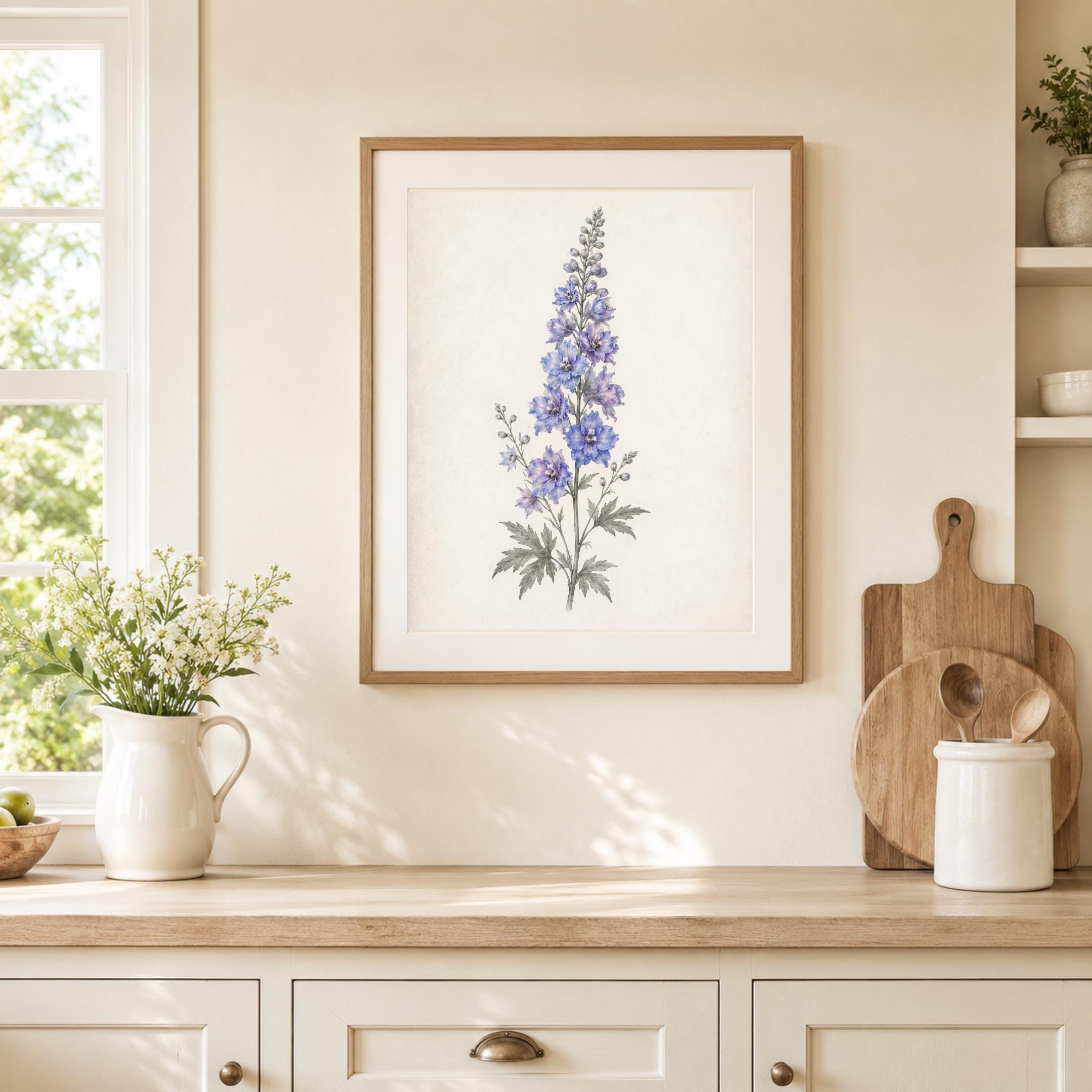 July Birth Flower Art Print, Blue Larkspur Vintage Botanical Prints, Watercolor Floral (Digital Download) — image 4