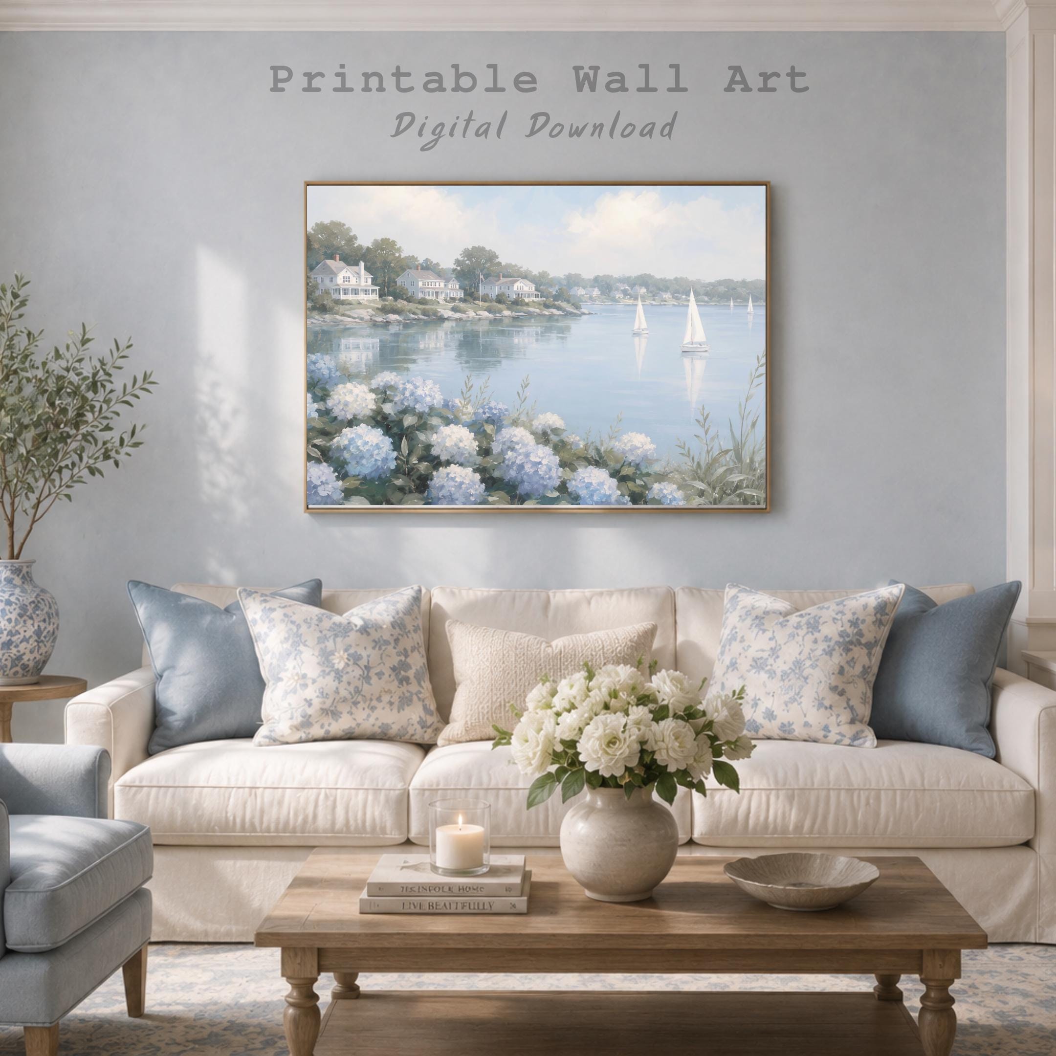 Summer Coastal Hydrangea Sailboat Printable Wall Art, Blue Seaside Cottage Home Decor Digital Download — image 3