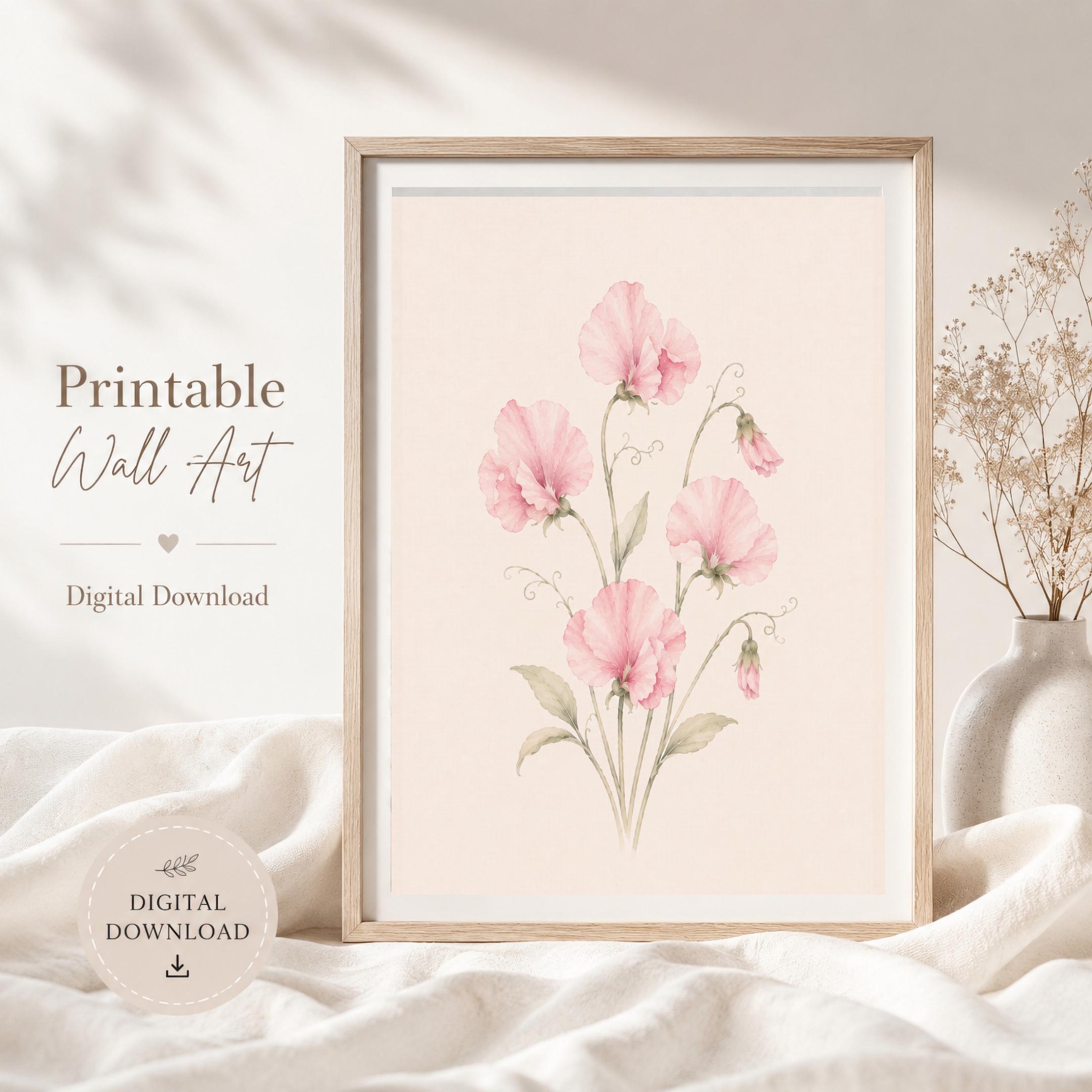April Birth Flower Print | Sweet Pea Printable Wall Art | Pink Botanical Gift Digital Download — image 6