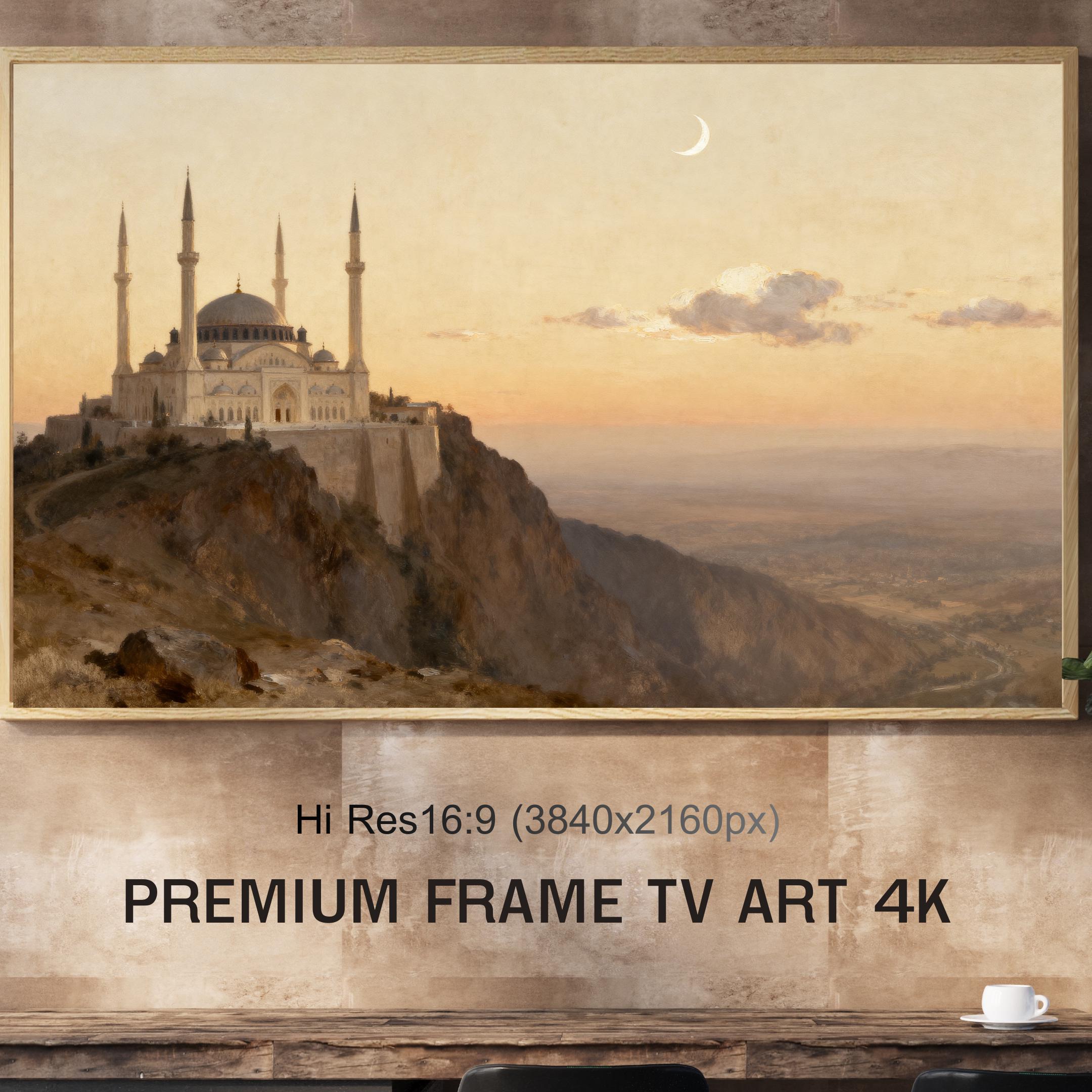 Clifftop Mosque Sunset Frame TV Art, Islamic 4K Crescent Landscape Screen Display Digital Download — image 3