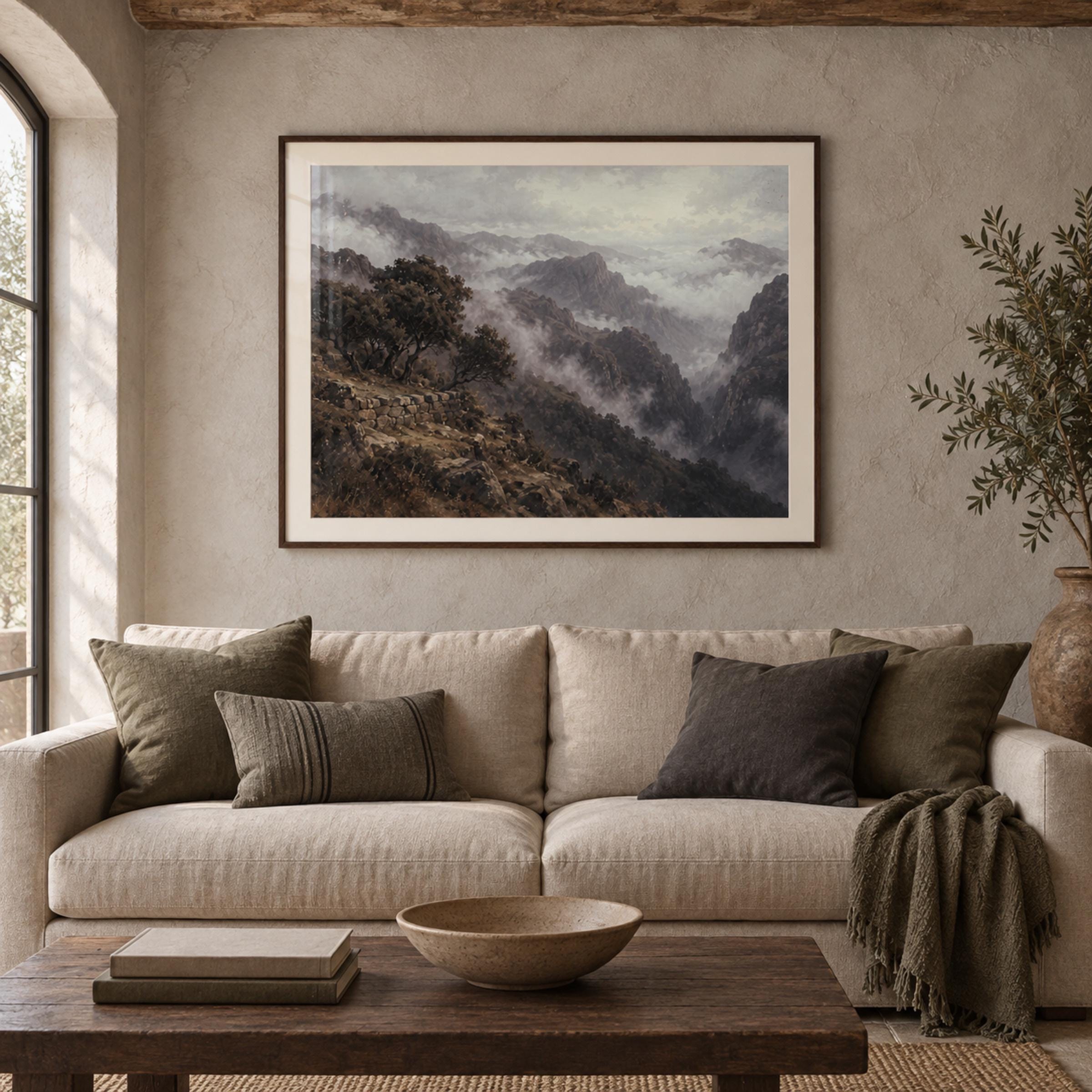 Vintage Misty Mountain Wall Art, Moody Valley Landscape, Rustic Wilderness Dark Academia, Digital Download — image 4