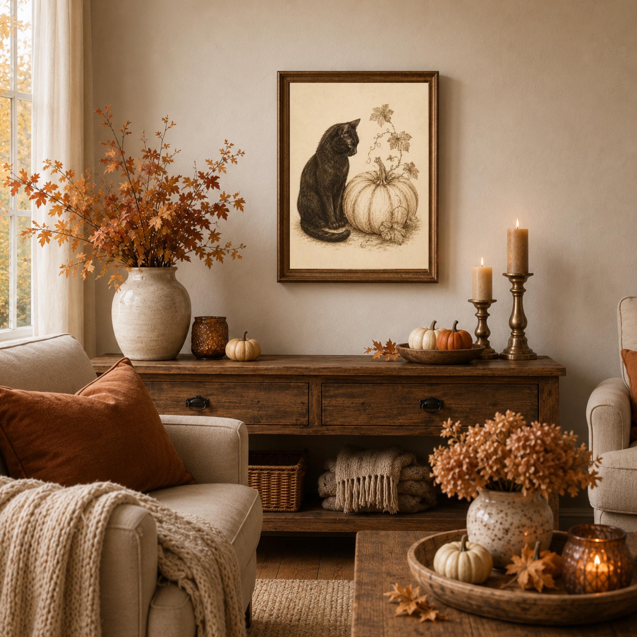 Halloween Black Cat, White Pumpkin Art, Vintage Fall Botanical, Rustic October Halloween Digital Download — image 5