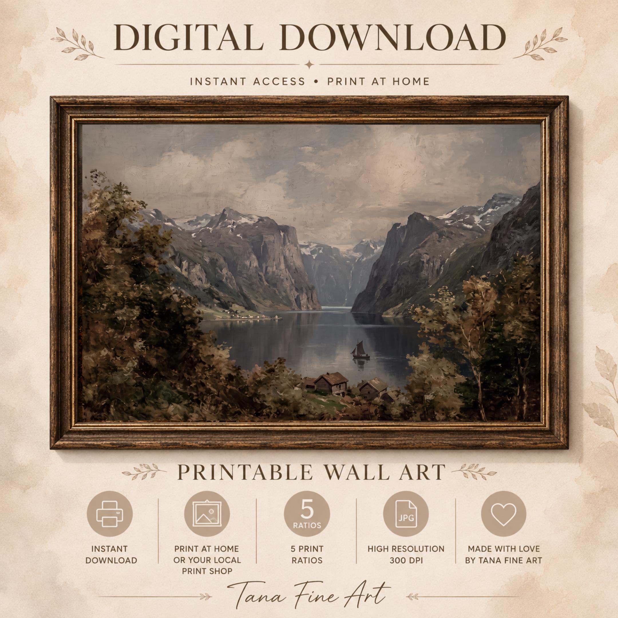 Scandinavian Mountain Lake Print | Norwegian Fjord Wall Art | Moody Vintage Landscape Digital Download — image 9