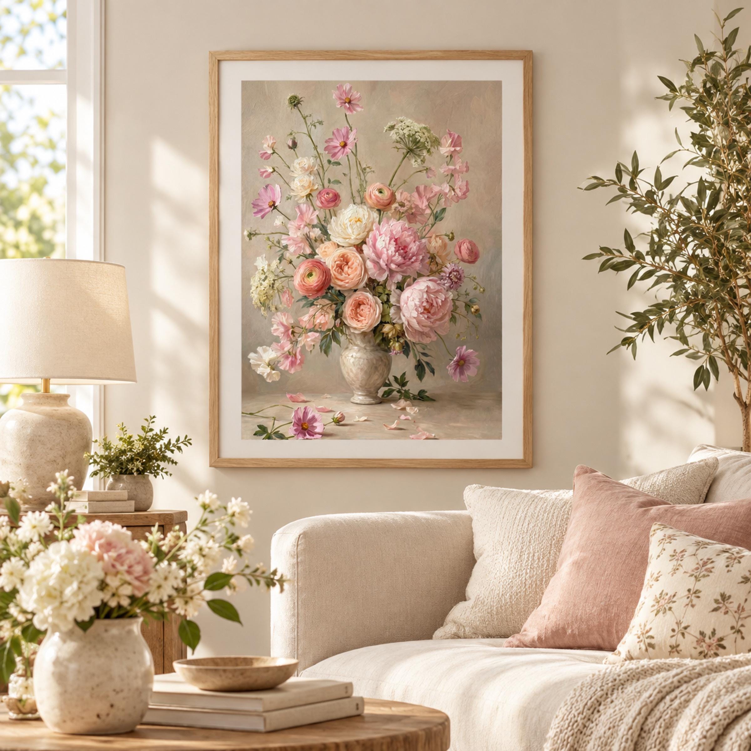 Vintage Pink Peony Vase Printable Wall Art, Romantic Floral Cottage Home Decor Digital Download — image 4