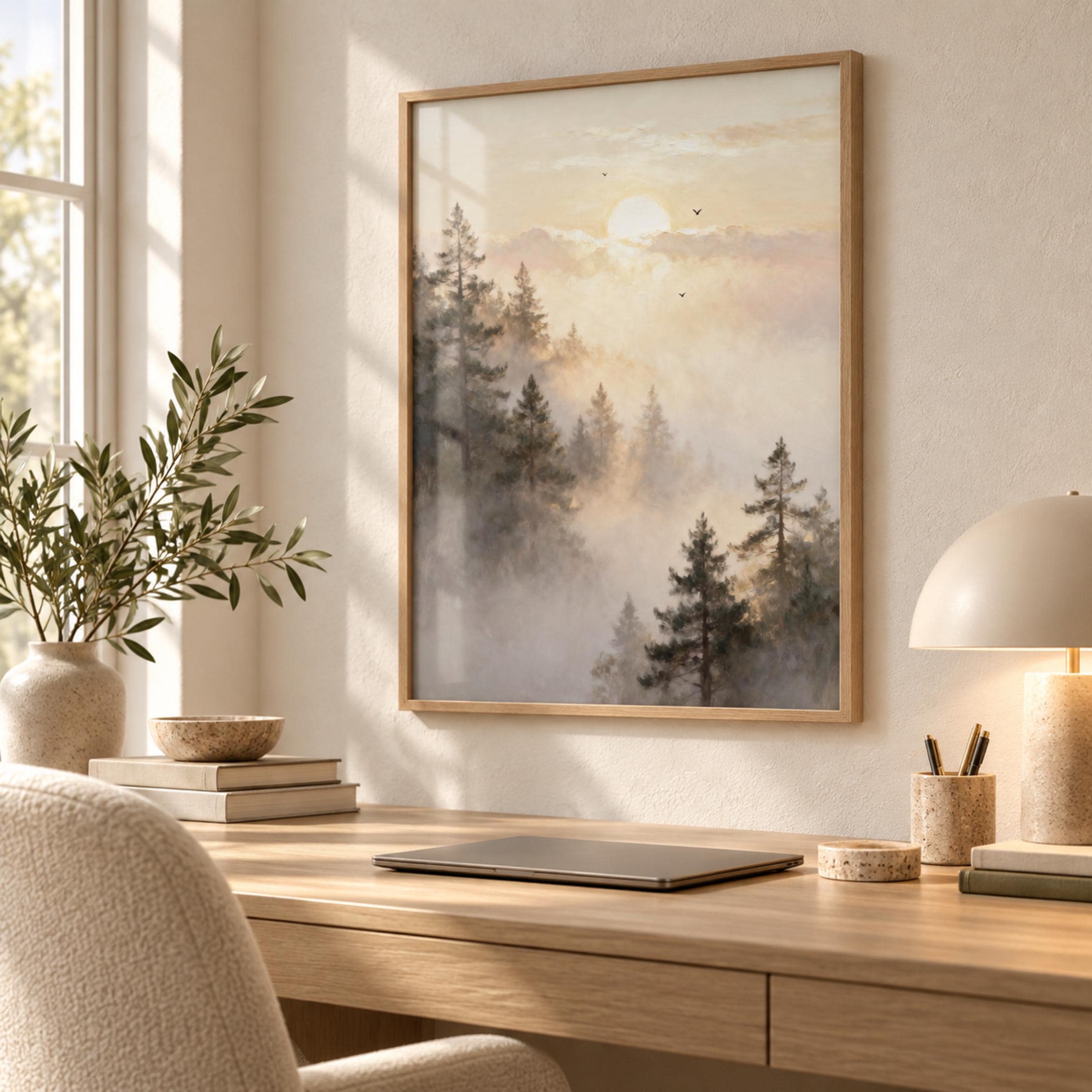 Misty Forest Printable Wall Art, Golden Sun Pine Trees, Neutral Decor Digital Download — image 3