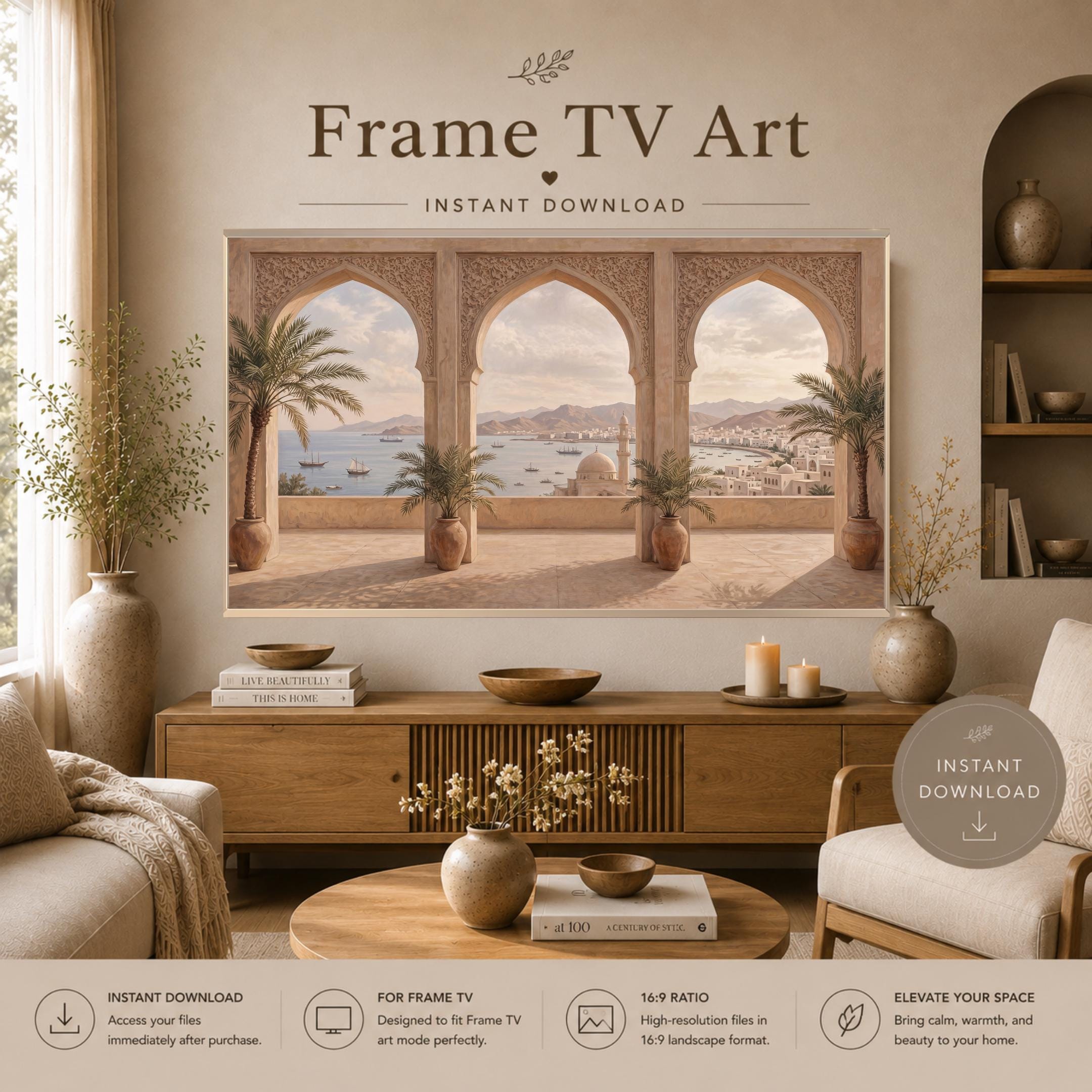 Mediterranean Arch Frame TV Art, Coastal Mosque Mountain View, Warm Neutral 4K Digital Download — image 5