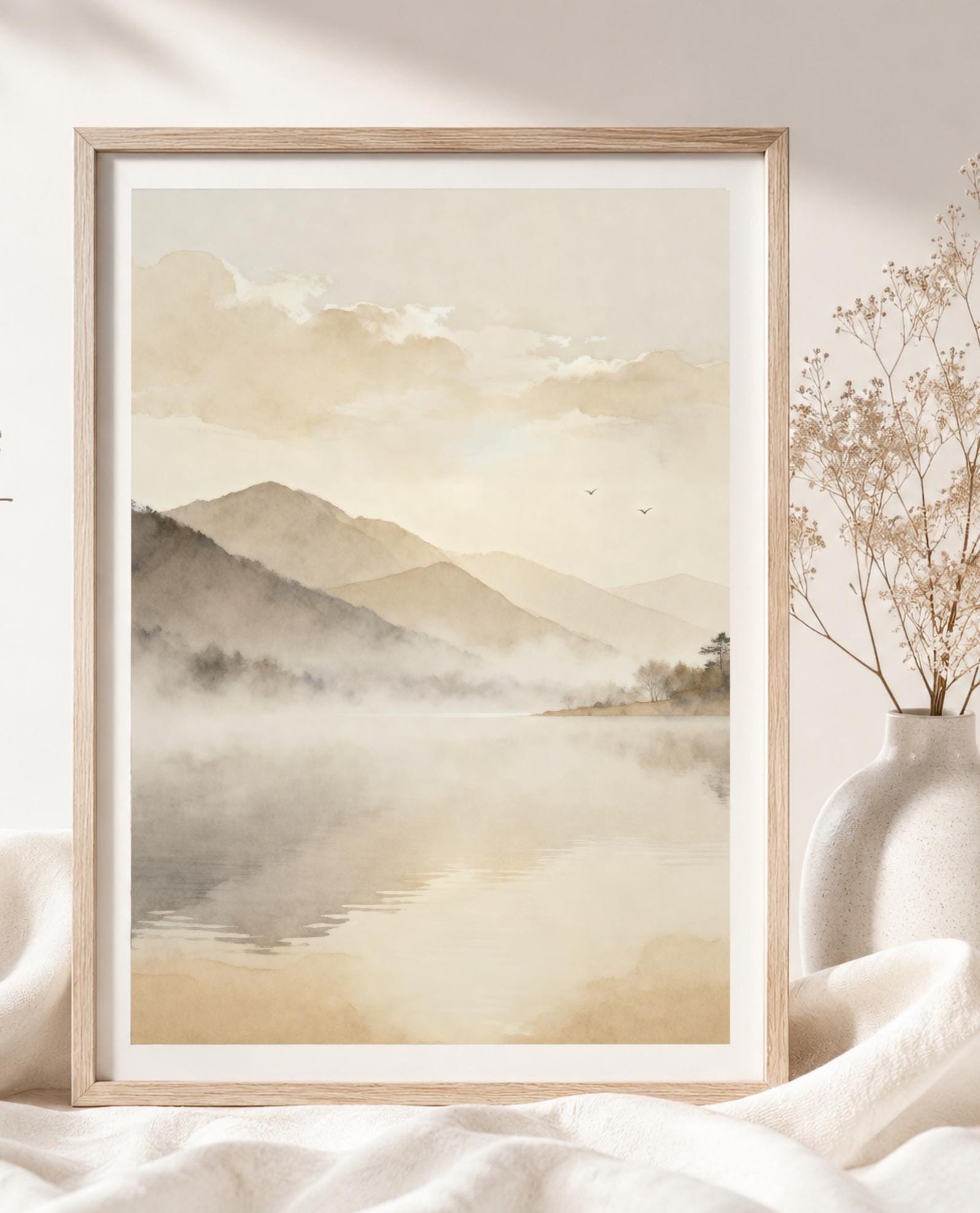 Neutral Misty Mountain Lake Printable Wall Art, Minimal Landscape Serene Bedroom Decor Digital Download — image 2