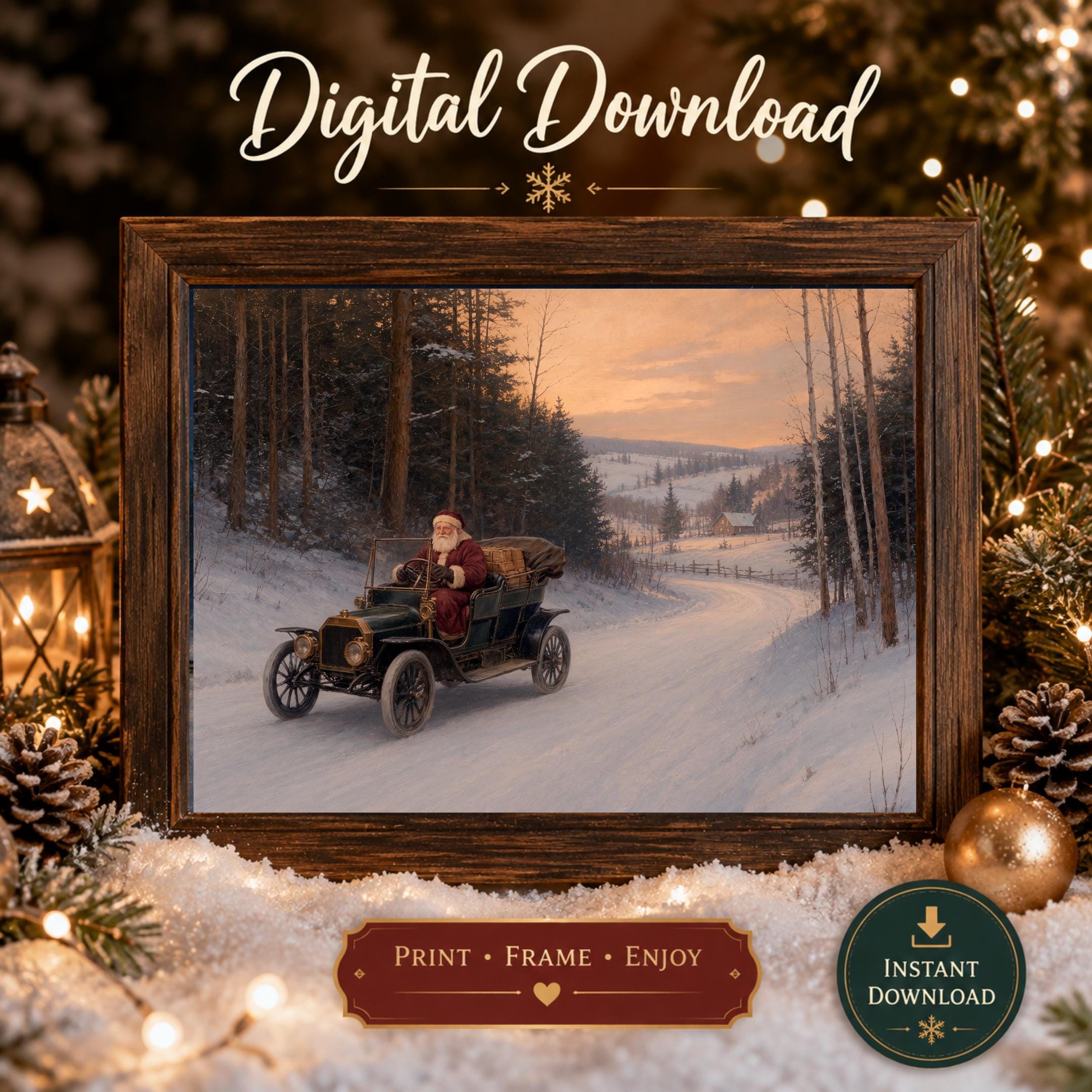 Vintage Santa Driving Car Printable Wall Art, Nostalgic Christmas Digital Download
