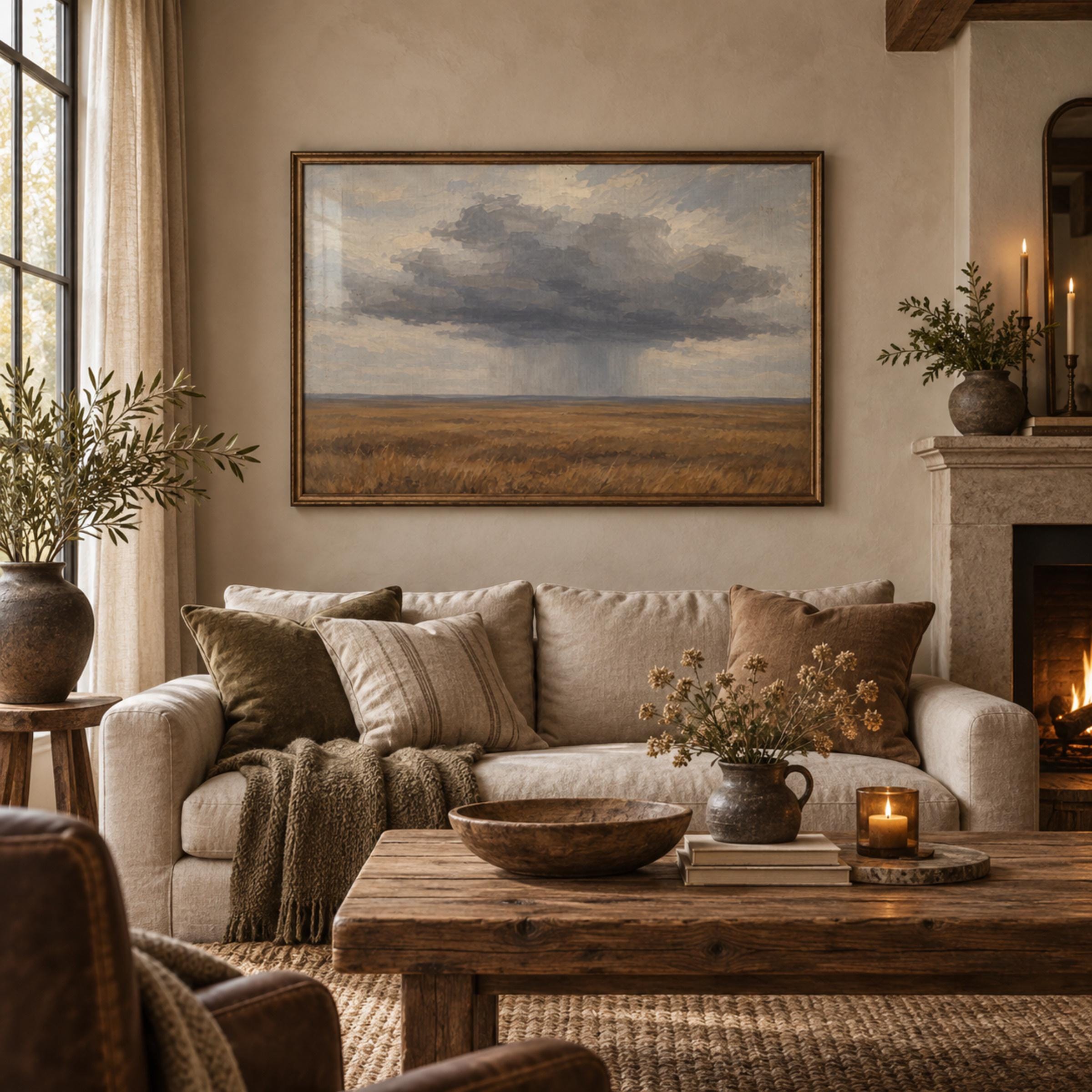 Moody Storm Cloud Landscape Art, Rustic Prairie Painting, Neutral Farmhouse Wall Decor Digital Download — image 4
