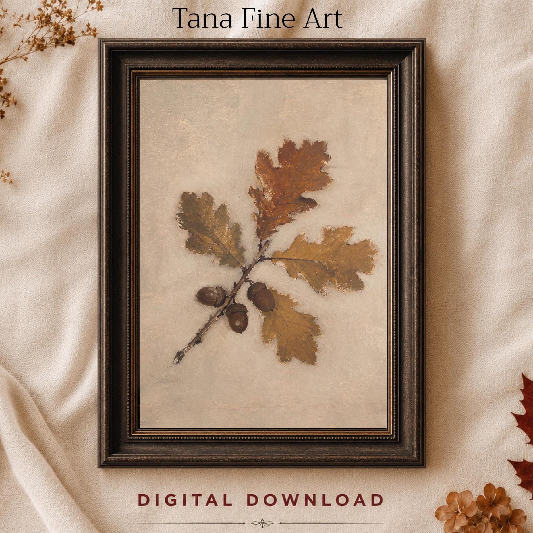 Oak Branch and Acorns Printable Wall Art, Neutral Autumn Botanical Digital Download