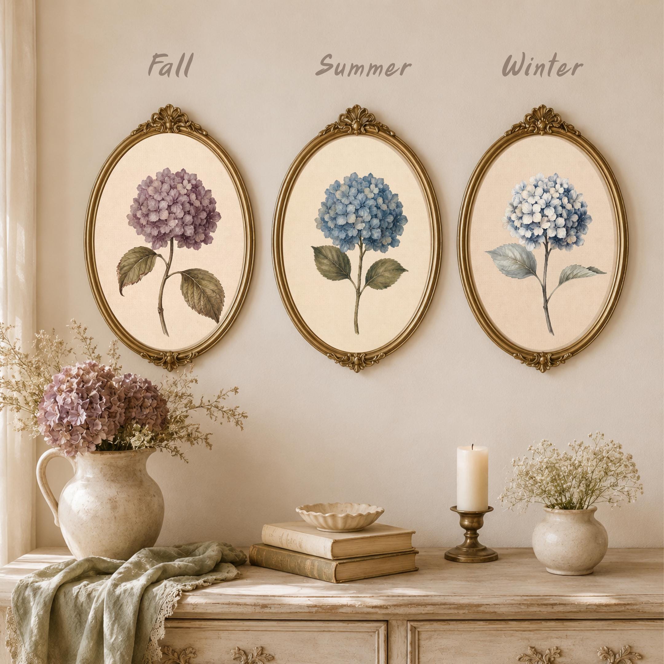 Vintage Hydrangea Botanical Printable Wall Art Set, Blue Purple Floral Cottage Decor Digital Download — image 2