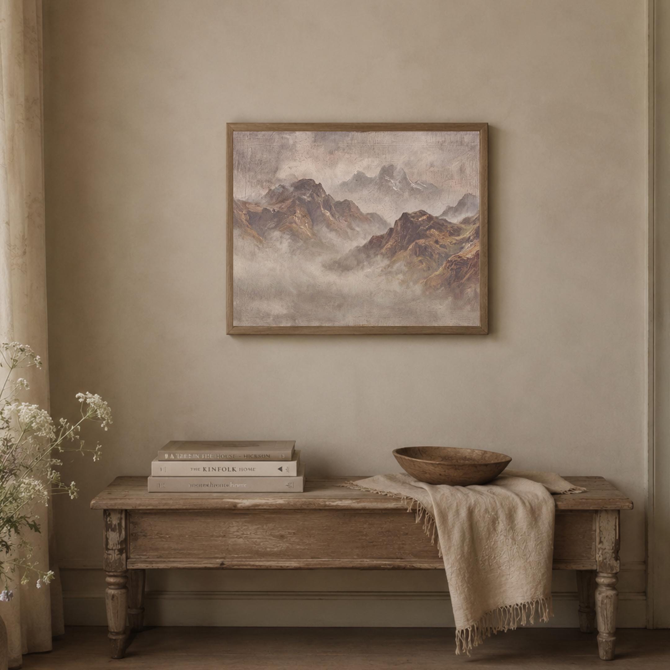 Vintage Misty Mountain Wall Art, Neutral Alpine Landscape, Earthy Rustic Cabin Decor, Digital Download — image 7