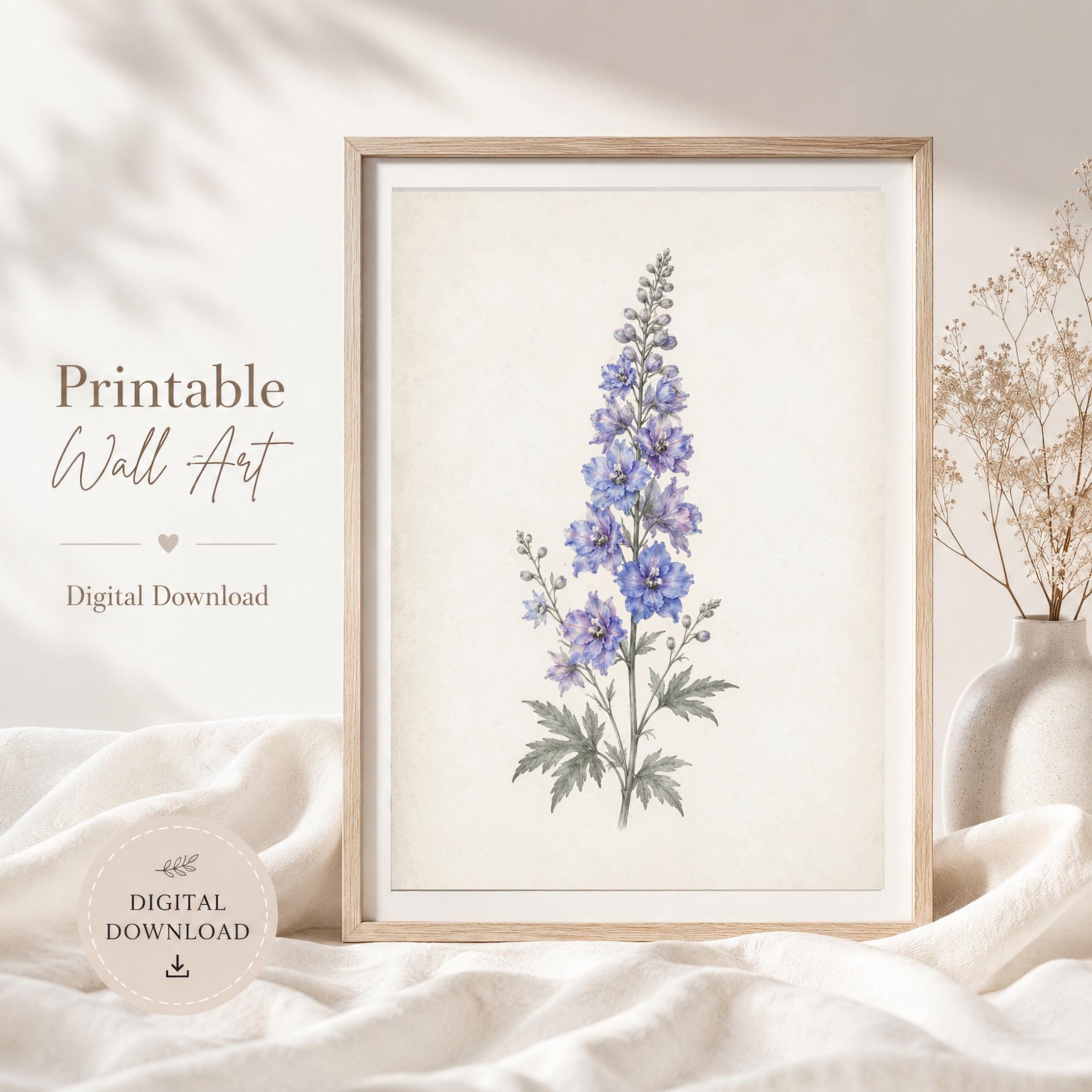 July Birth Flower Art Print, Blue Larkspur Vintage Botanical Prints, Watercolor Floral (Digital Download) — image 3