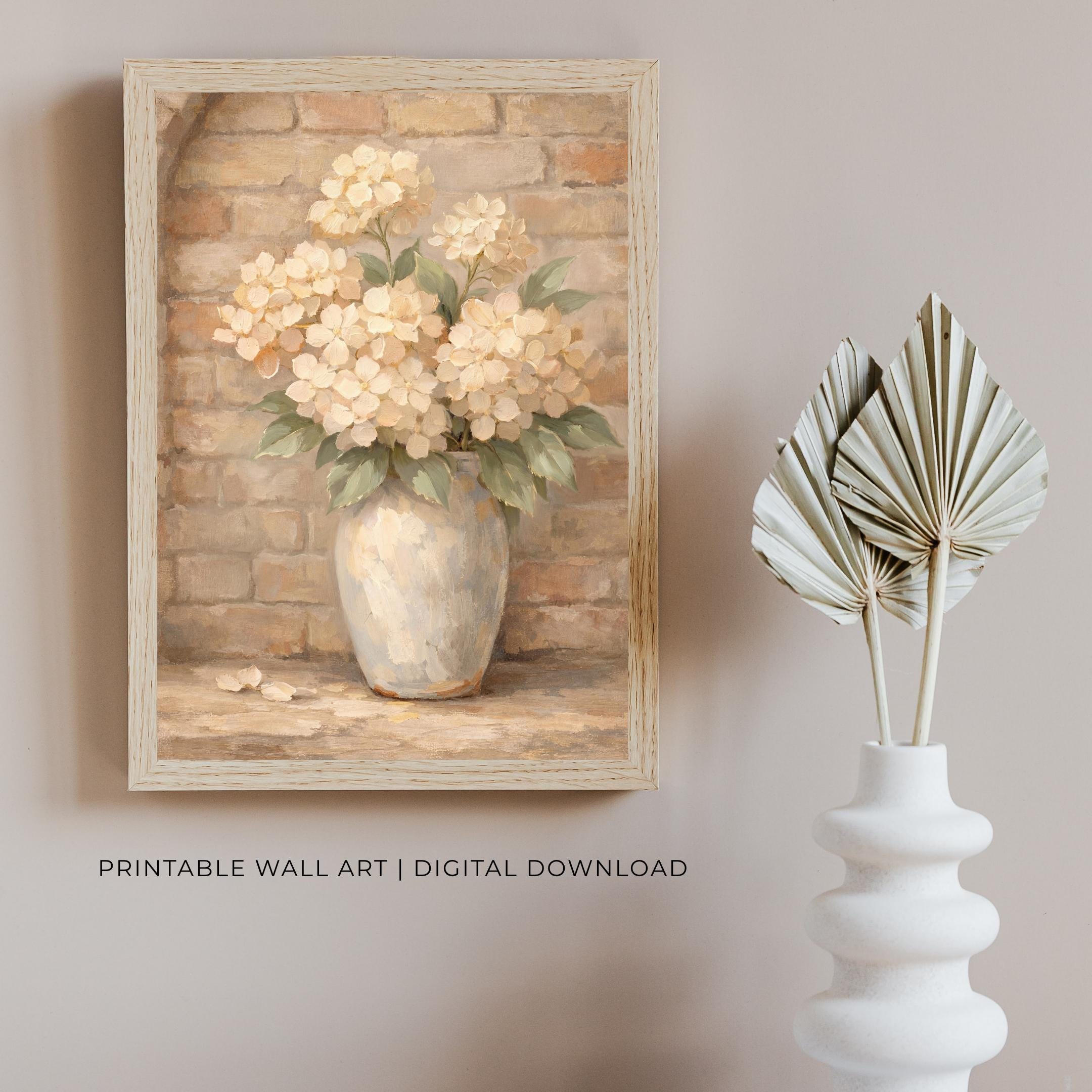 Hydrangea Vase Painting, Neutral Farmhouse Floral Decor, Rustic Brick Botanical Print (Digital Download) — image 8