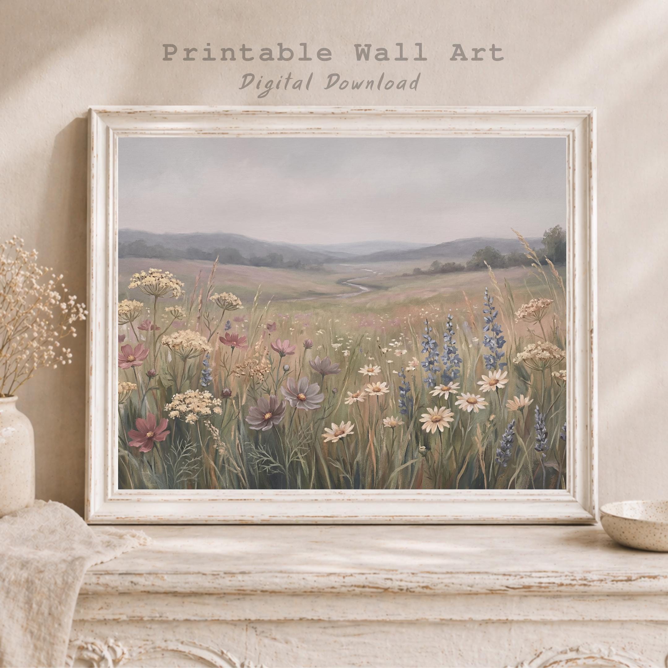 Neutral Floral Landscape Print, Vintage Wildflower Meadow Wall Art, Cottage Nature Decor (Digital Download)