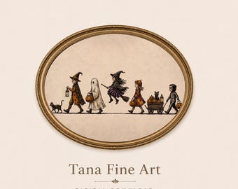 May include: An oval-framed wall art print featuring a line of children in Halloween costumes, including a wizard, a ghost, a witch on a broom, a child with a wagon of pumpkins, and a skeleton, with the text Tana Fine Art Digital Download.