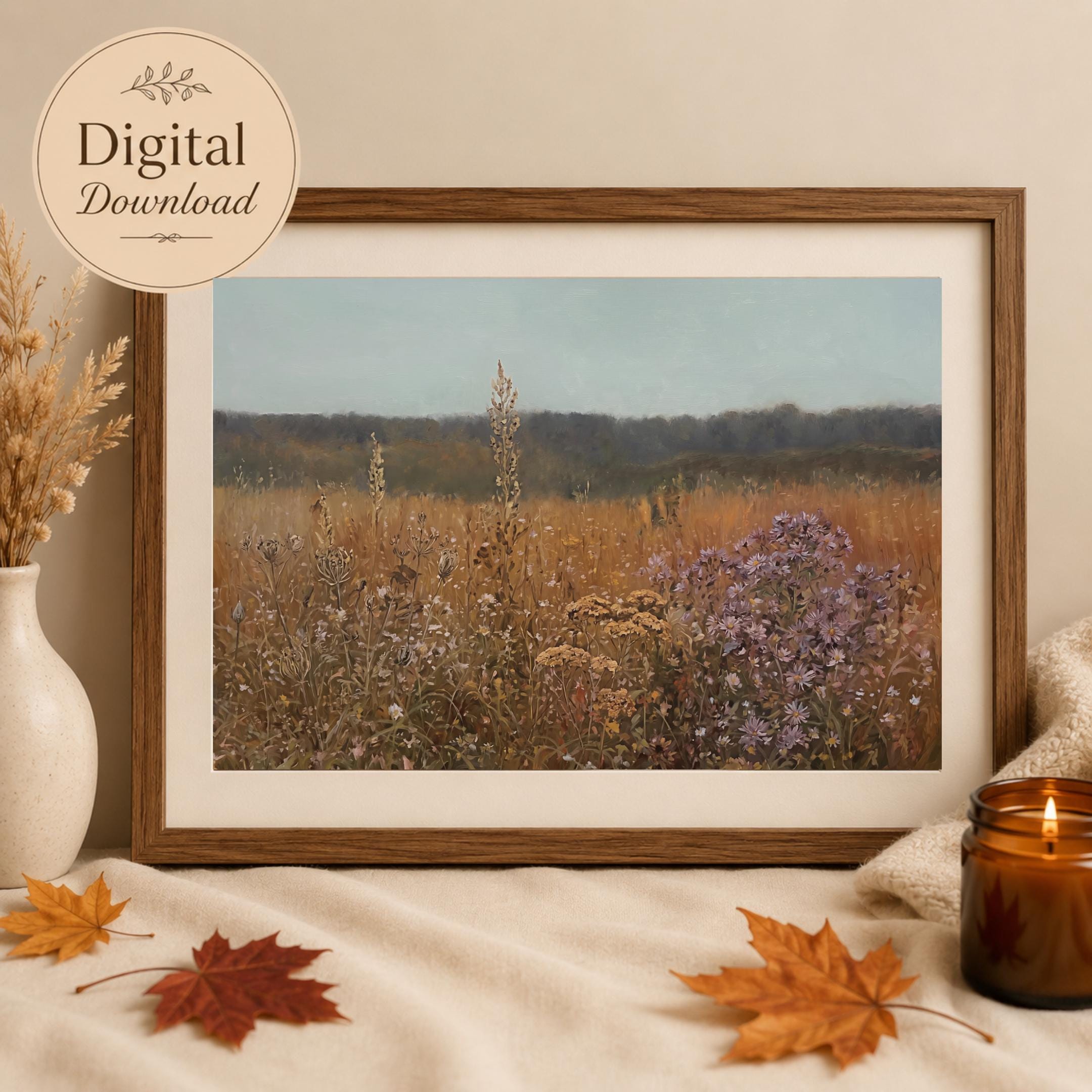 Fall Landscape Print, Autumn Meadow Wall Art, Vintage Wildflower Field Print (Digital Download) — image 9
