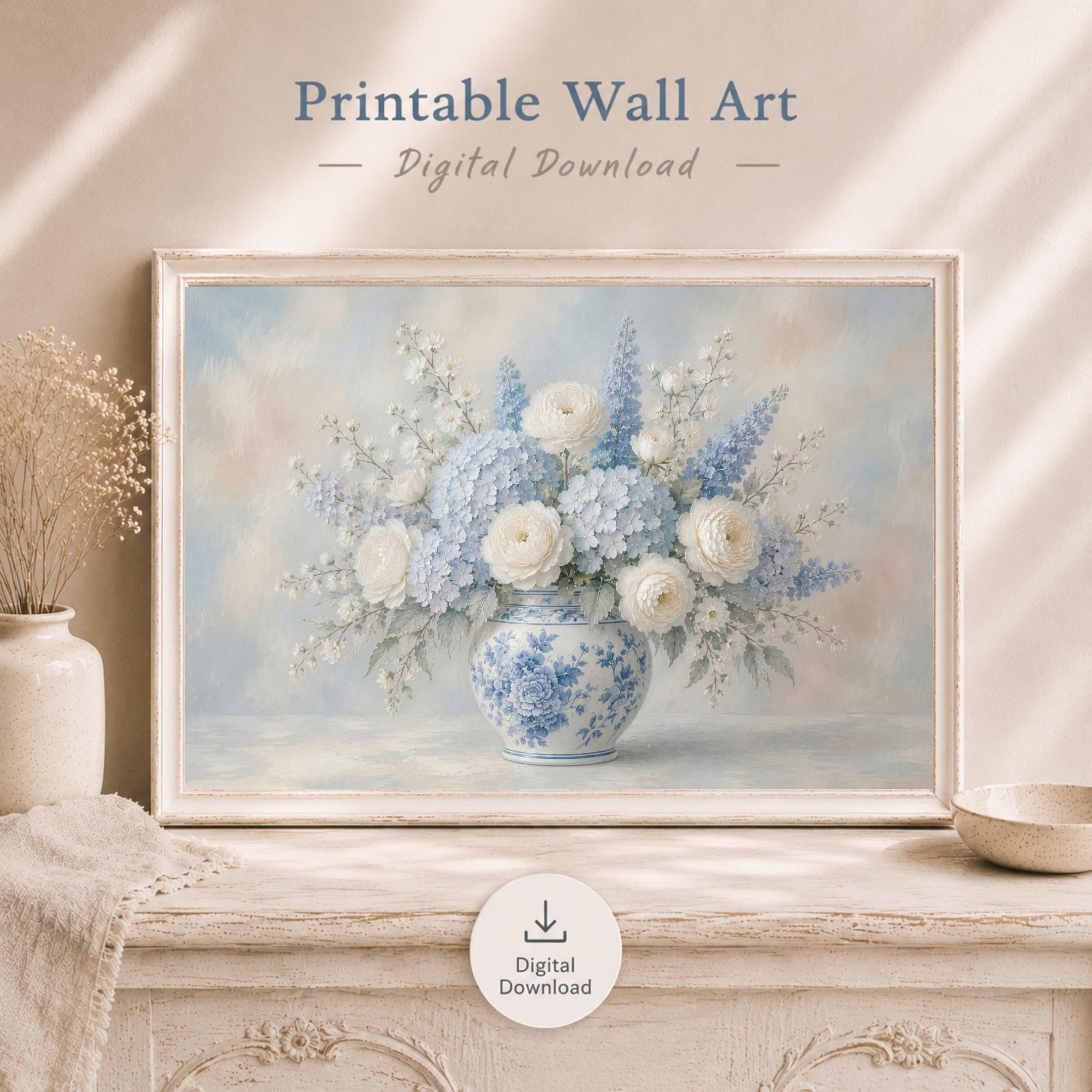Blue White Floral Vase Print, Vintage Cottage Flower Decor, Chinoiserie Vase Art (Digital Download)