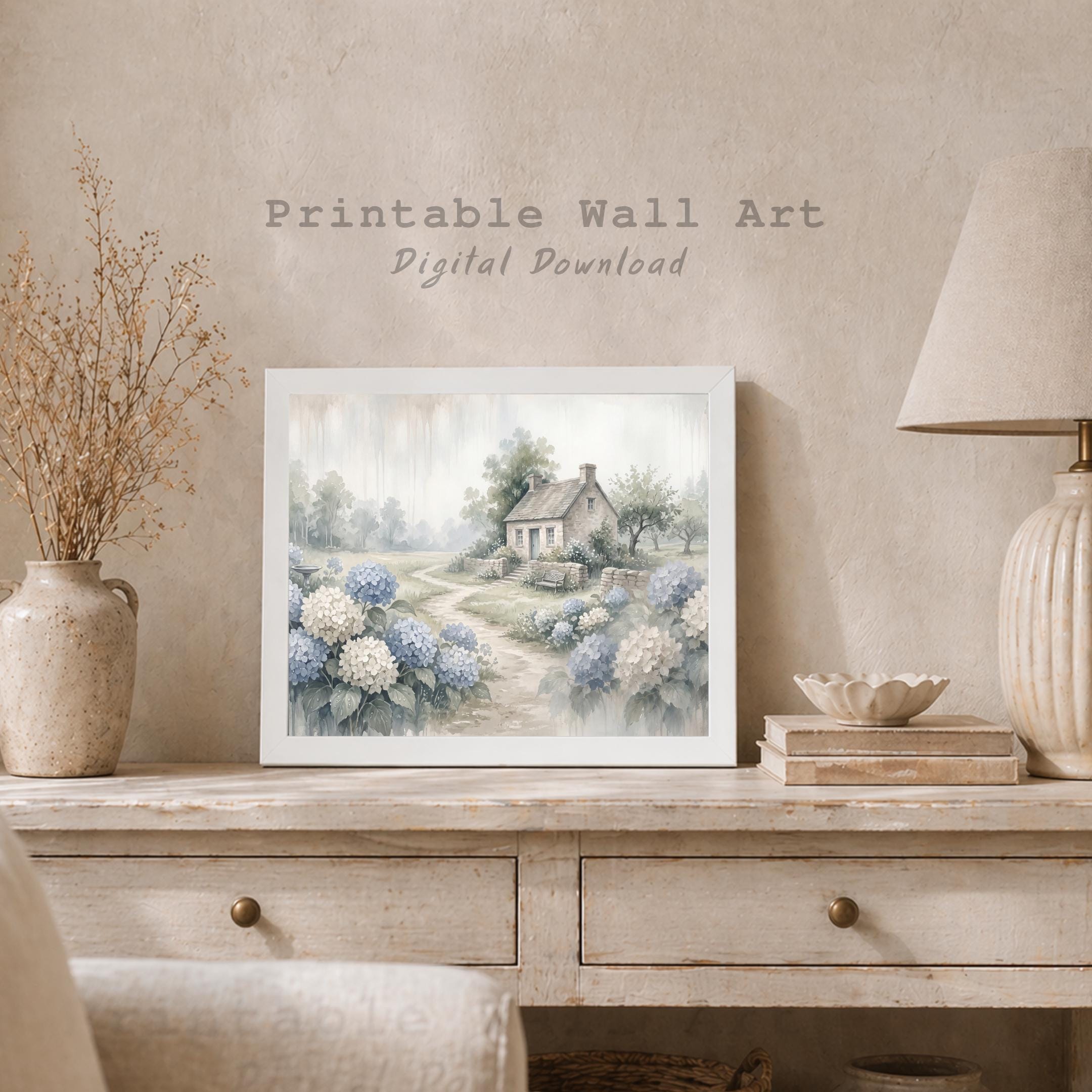 Hydrangea Cottage Garden Art Print, Misty Blue floral Landscape (Digital Download) — image 6