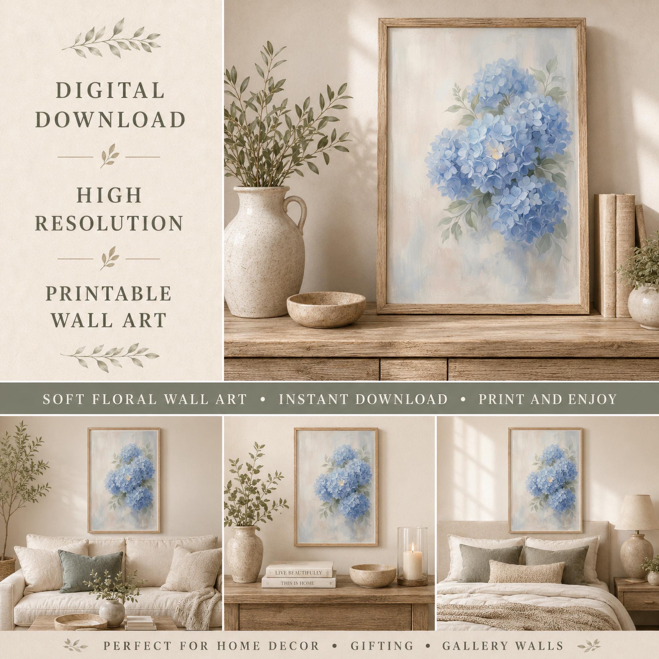 Watercolor Blue Hydrangea Art Print | Neutral Floral Wall Decor (Digital Download) — image 6