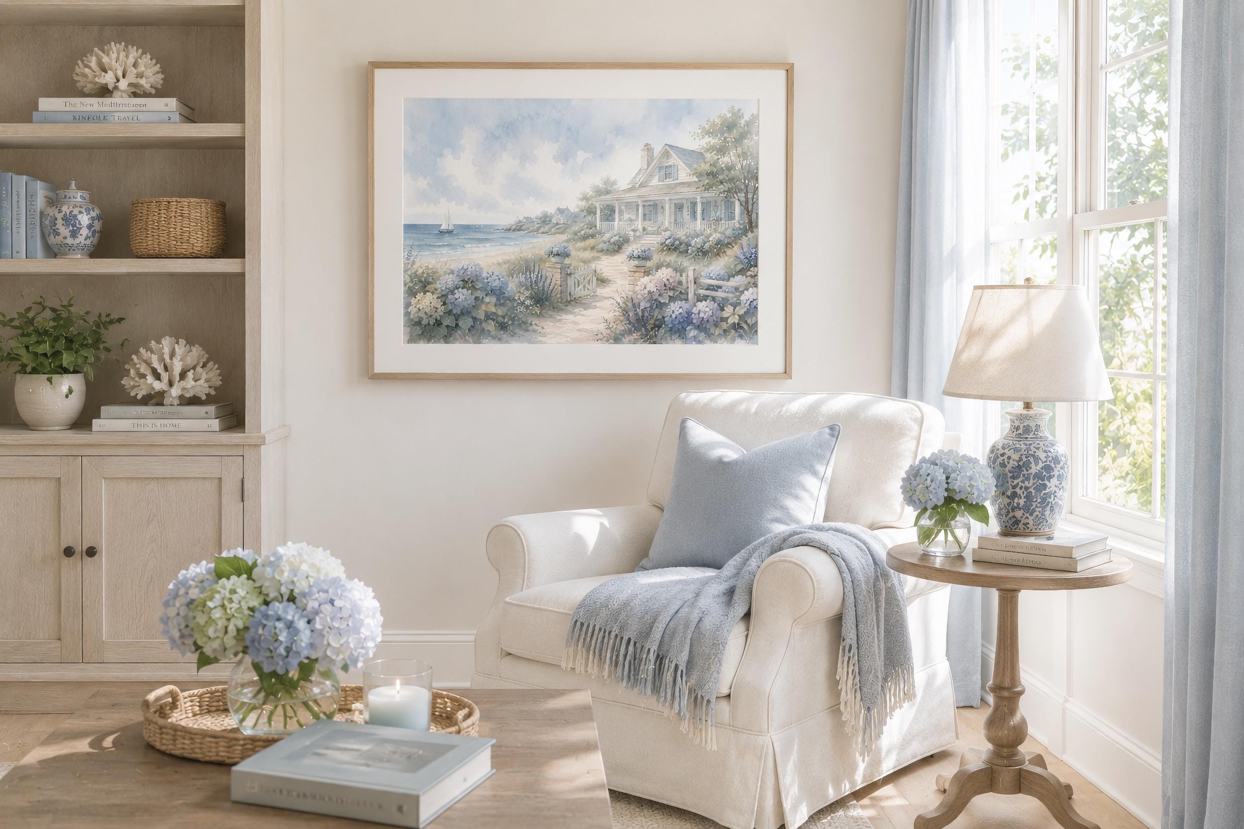 Coastal Hydrangea Print, Beach House Cottage Wall Art, Hamptons Style (Digital Download) — image 3