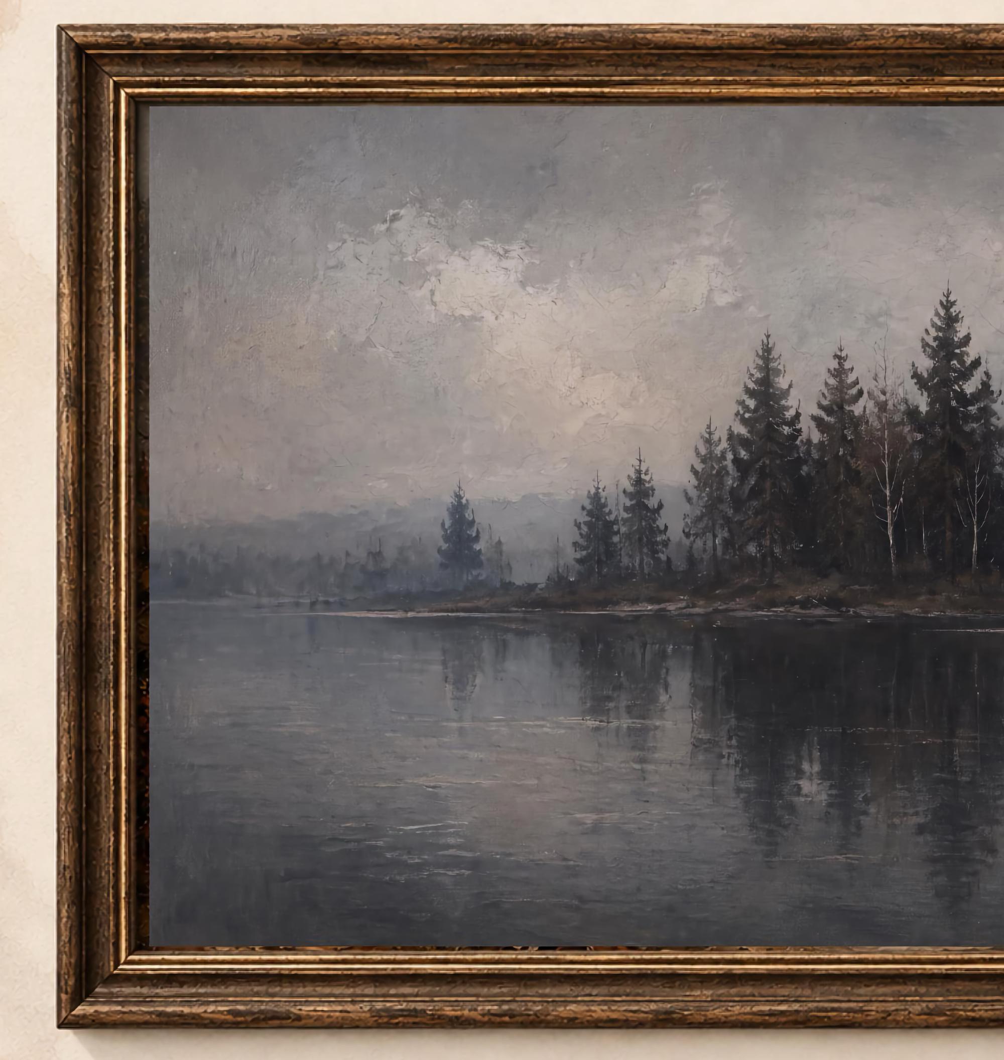 Moody Forest Lake Printable Wall Art, Vintage Woodland Landscape, Dark Academia Rustic Cabin Decor — image 2