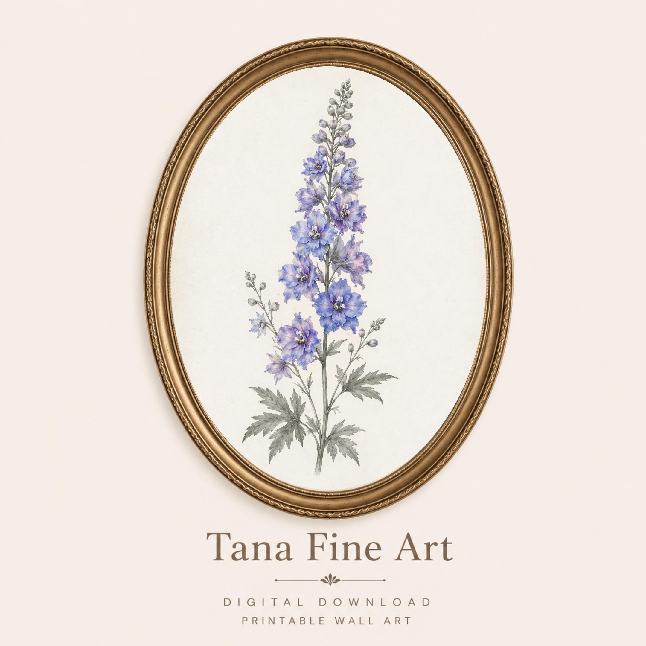 July Birth Flower Art Print, Blue Larkspur Vintage Botanical Prints, Watercolor Floral (Digital Download)