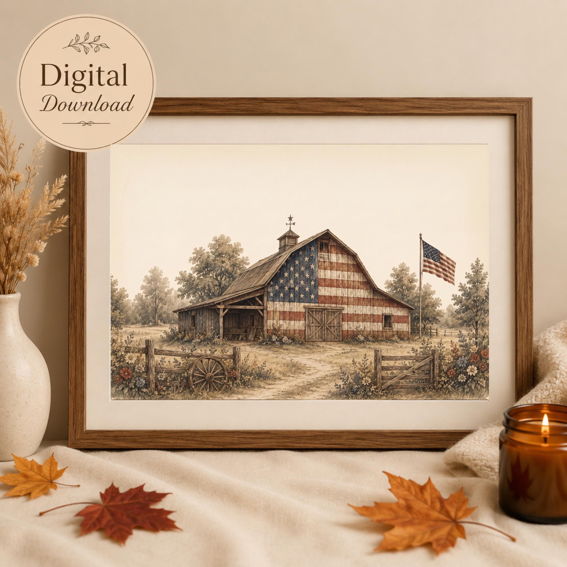 Vintage Patriotic Wall Art Set, Eagle, Flag, Floral Barn Prints (Digital Download) — image 4