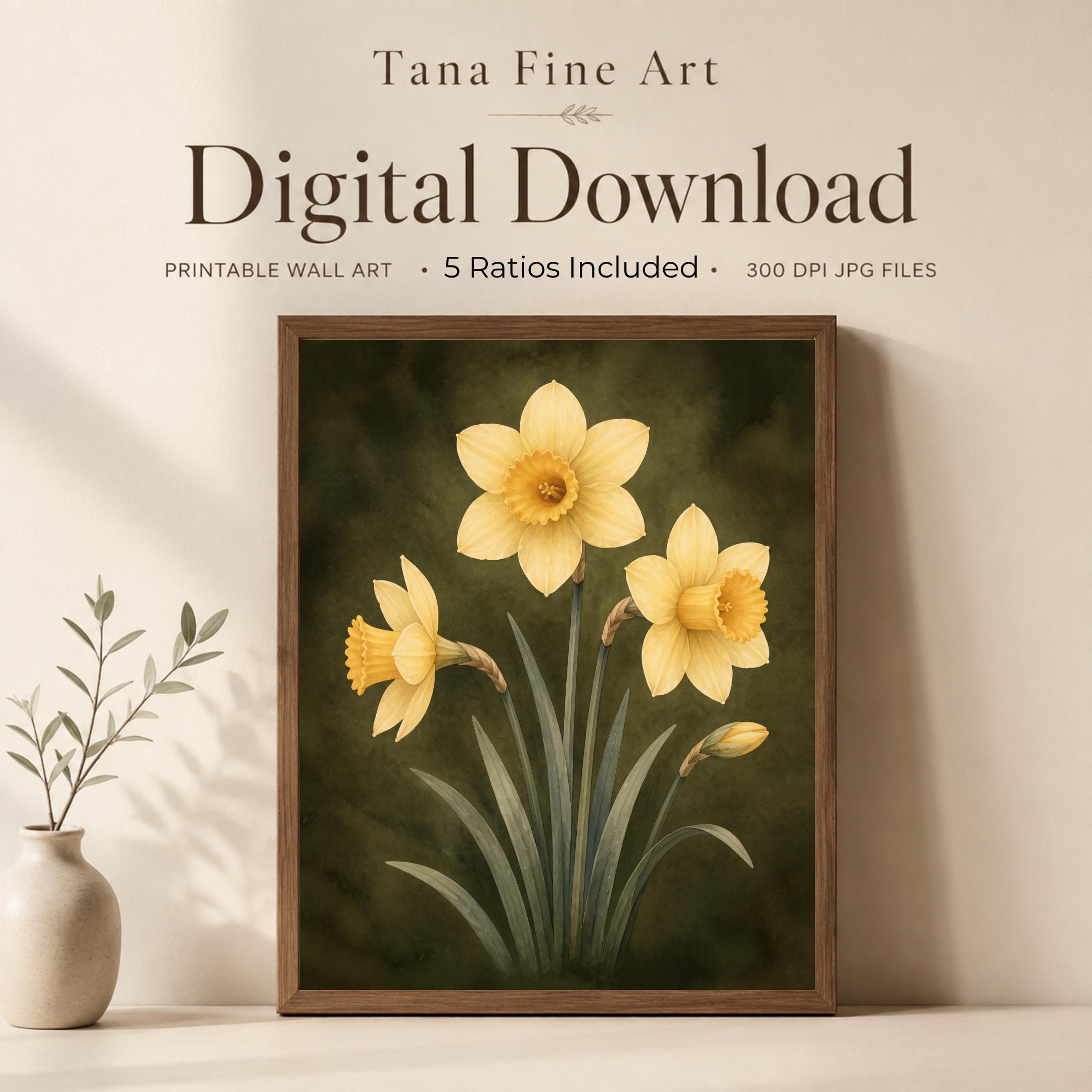 Moody March Birth Flower Print | Daffodil Wall Art | Vintage Botanical Digital Download