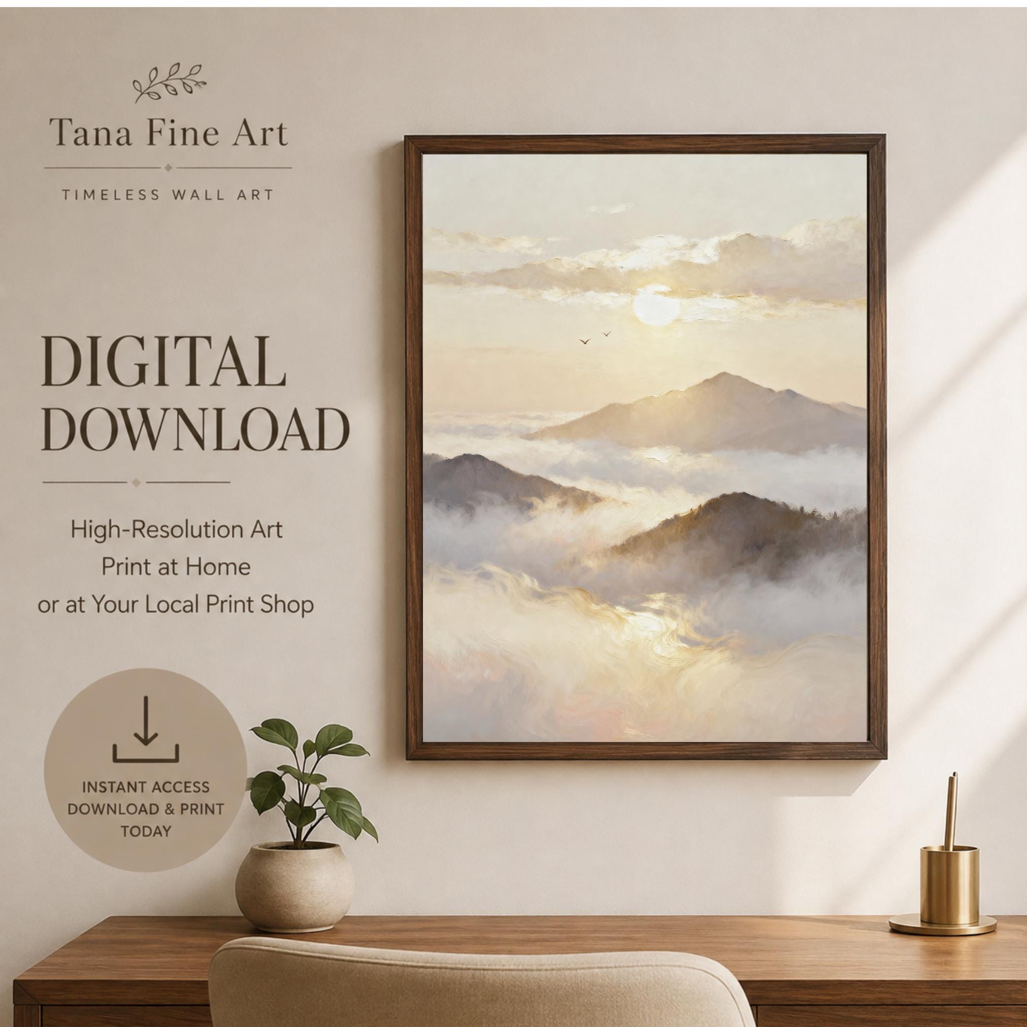 Sunset Mountain Printable Wall Art, Neutral Misty Landscape Painting, Serene Bedroom Decor Digital Download — image 4