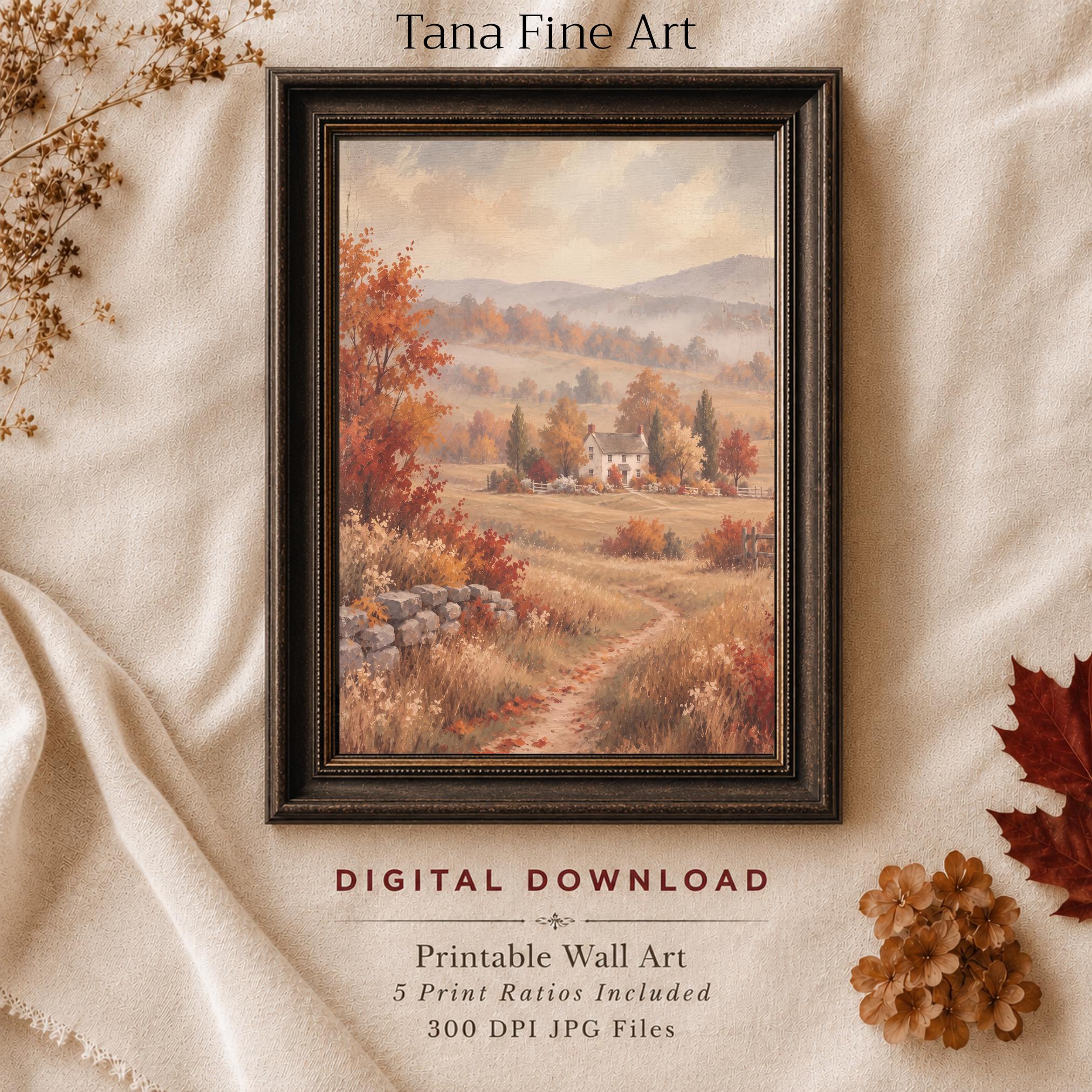 Autumn Cottage Printable Wall Art, Cozy Countryside Landscape, Cottagecore Fall Decor Digital Download