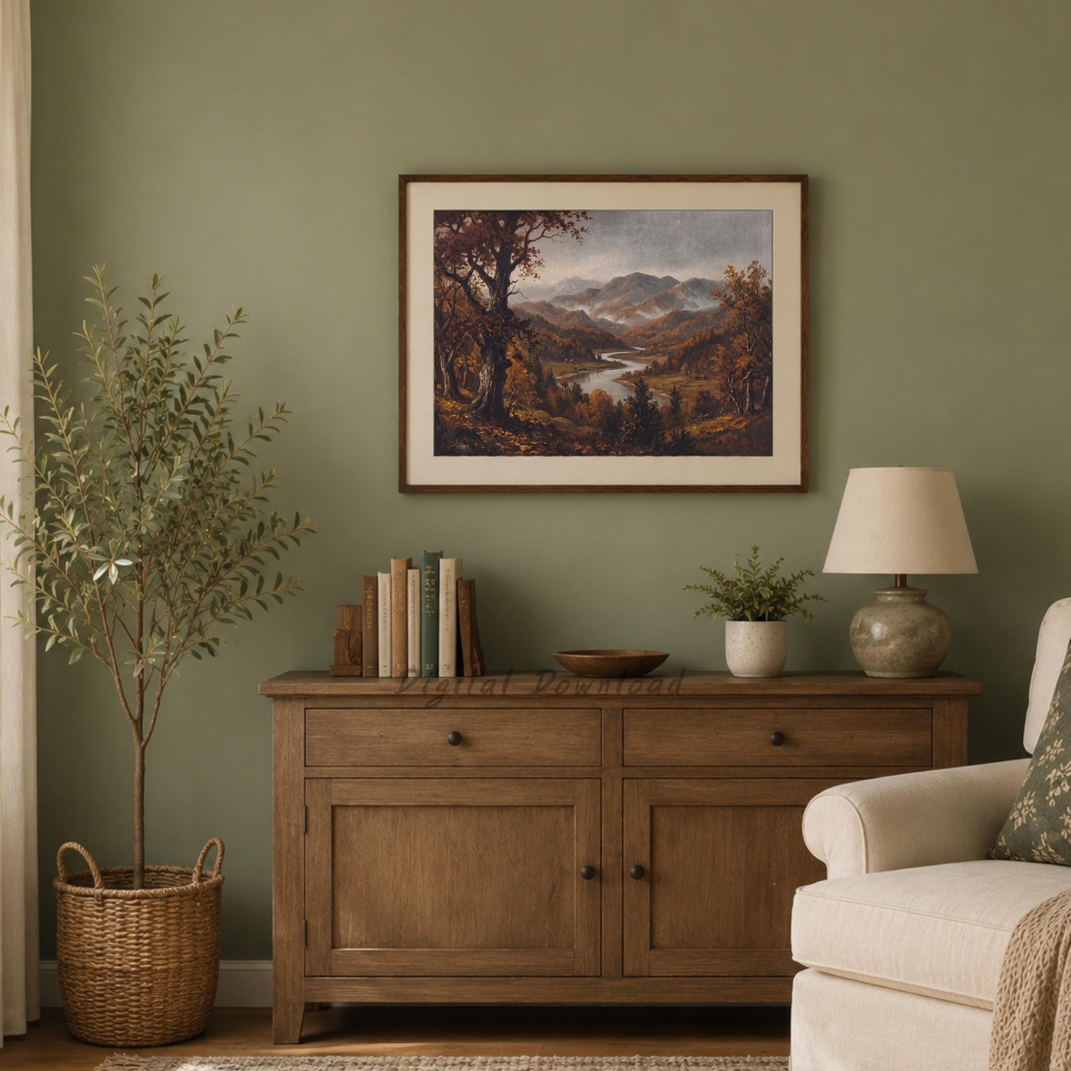 Autumn Landscape Wall Art | Fall Mountain River Valley Print | Moody Vintage Nature Digital Download — image 5