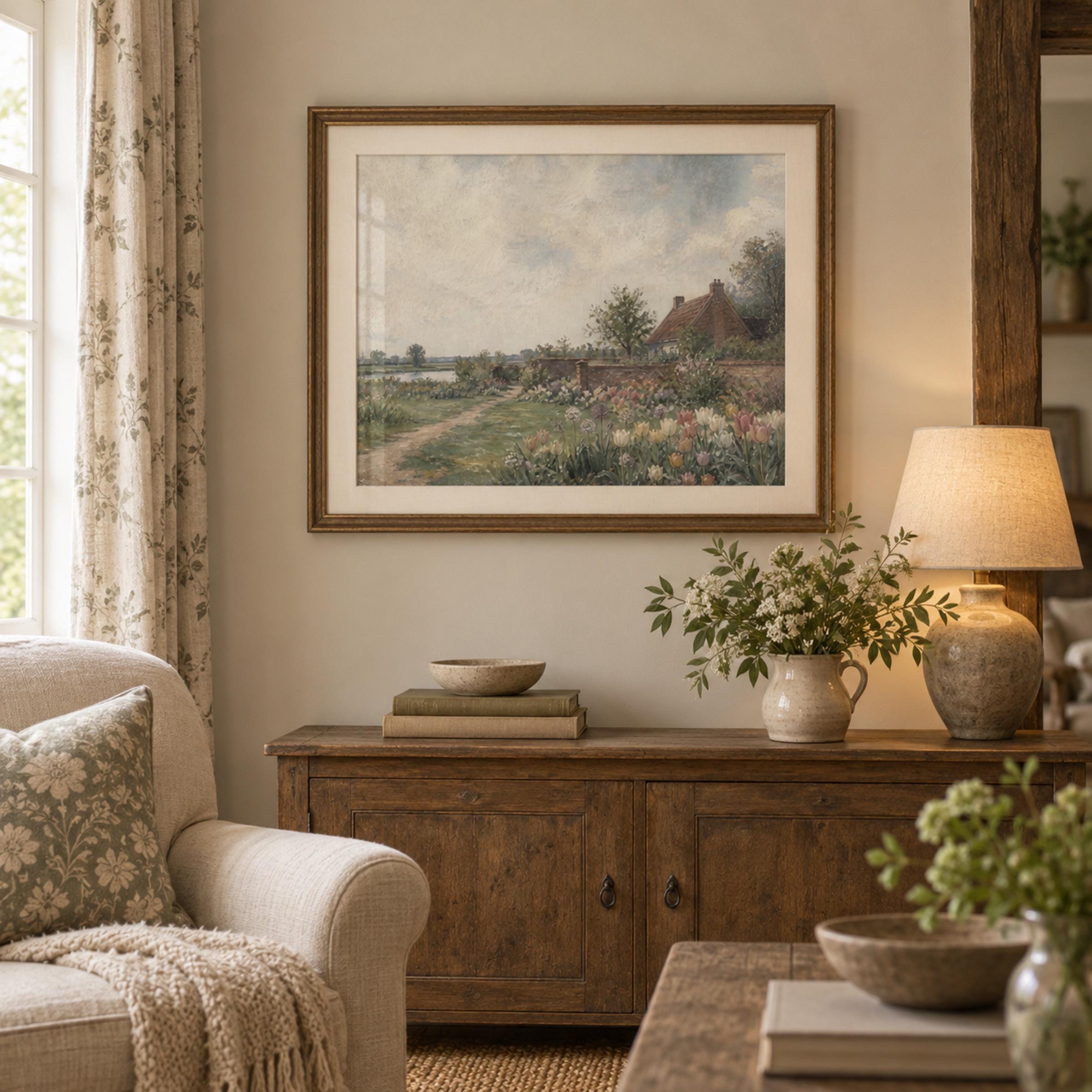 Vintage Dutch Tulip Garden Wall Art, Spring Cottage Landscape, Floral Country Decor, Digital Download — image 4