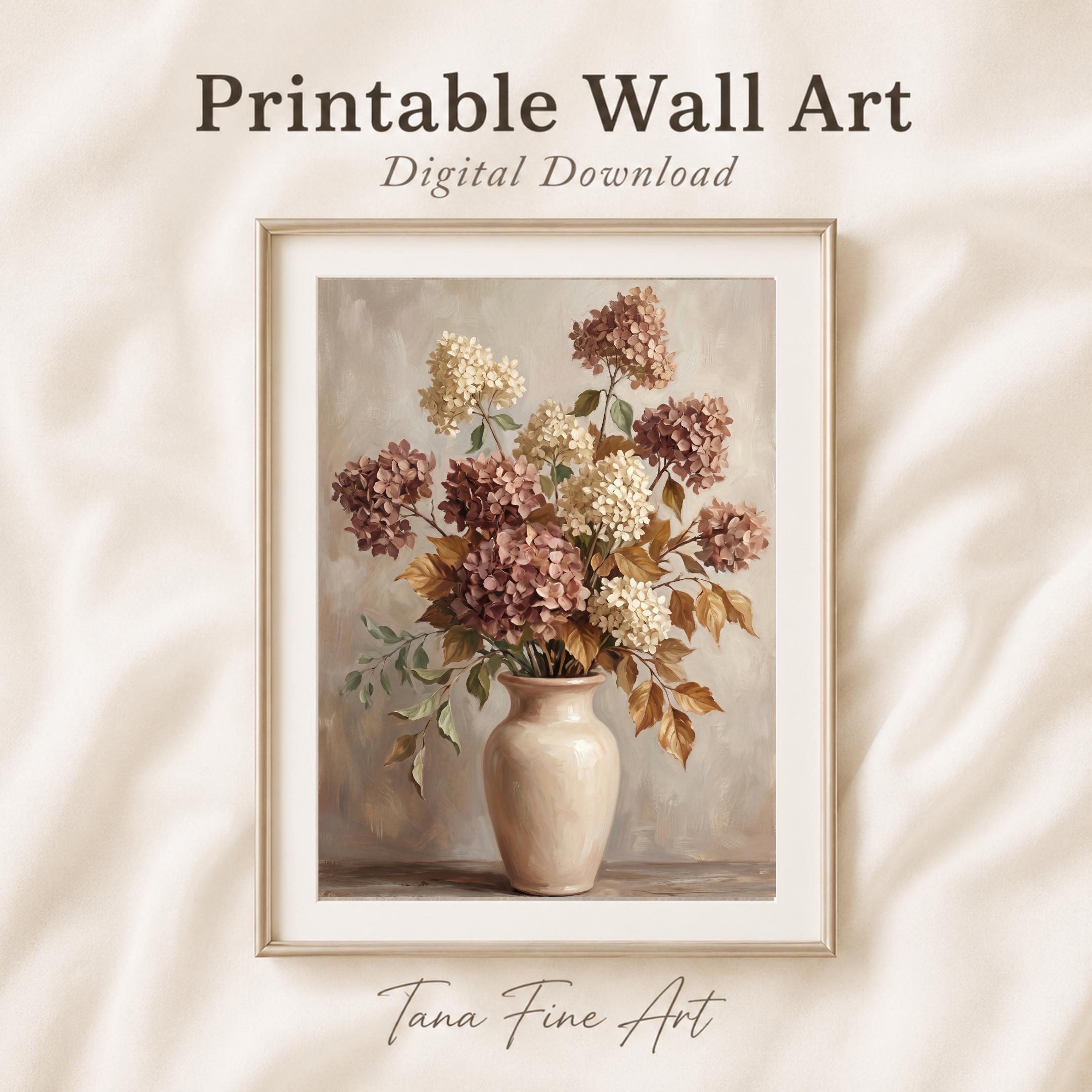 Fall Hydrangea Wall Art, Mauve Cream Floral Vase Print, Autumn Cottage Decor (Digital Download)