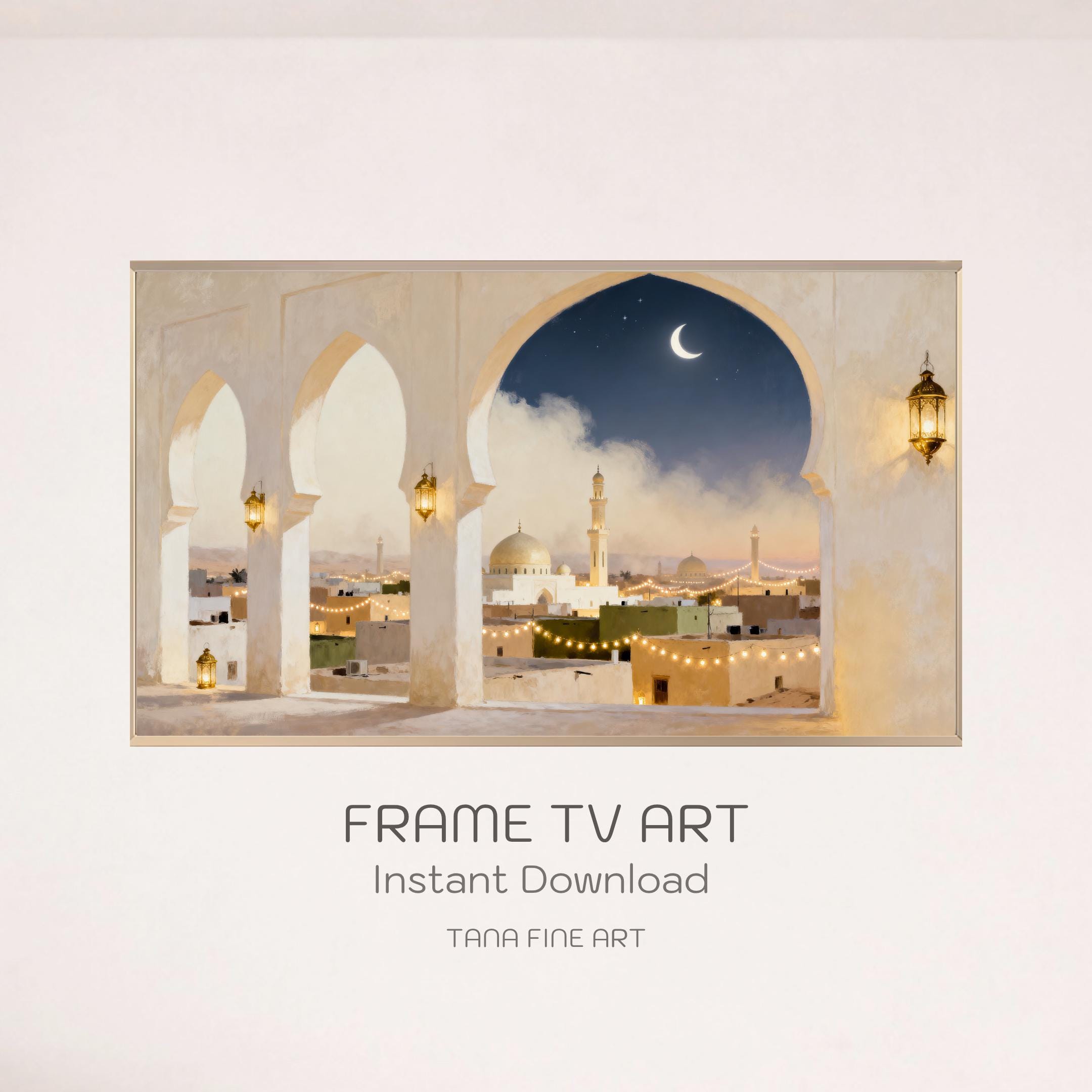 Crescent Moon Cityscape | Islamic Frame TV Art | JPG 4K Digital Download