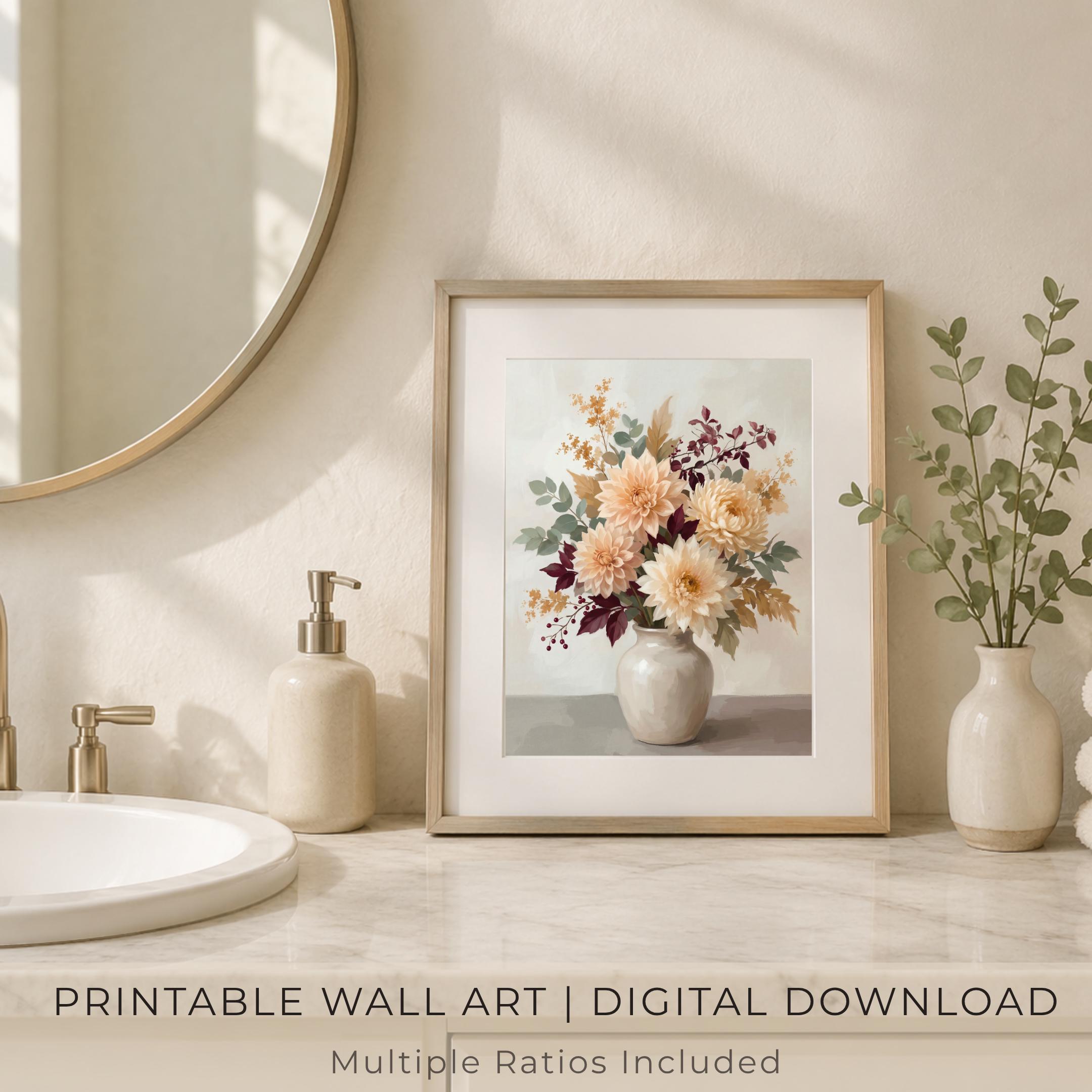 Fall Dahlia Wall Art, Cream Floral Vase Print, Burgundy Autumn Leaf Decor (Digital Download) — image 7