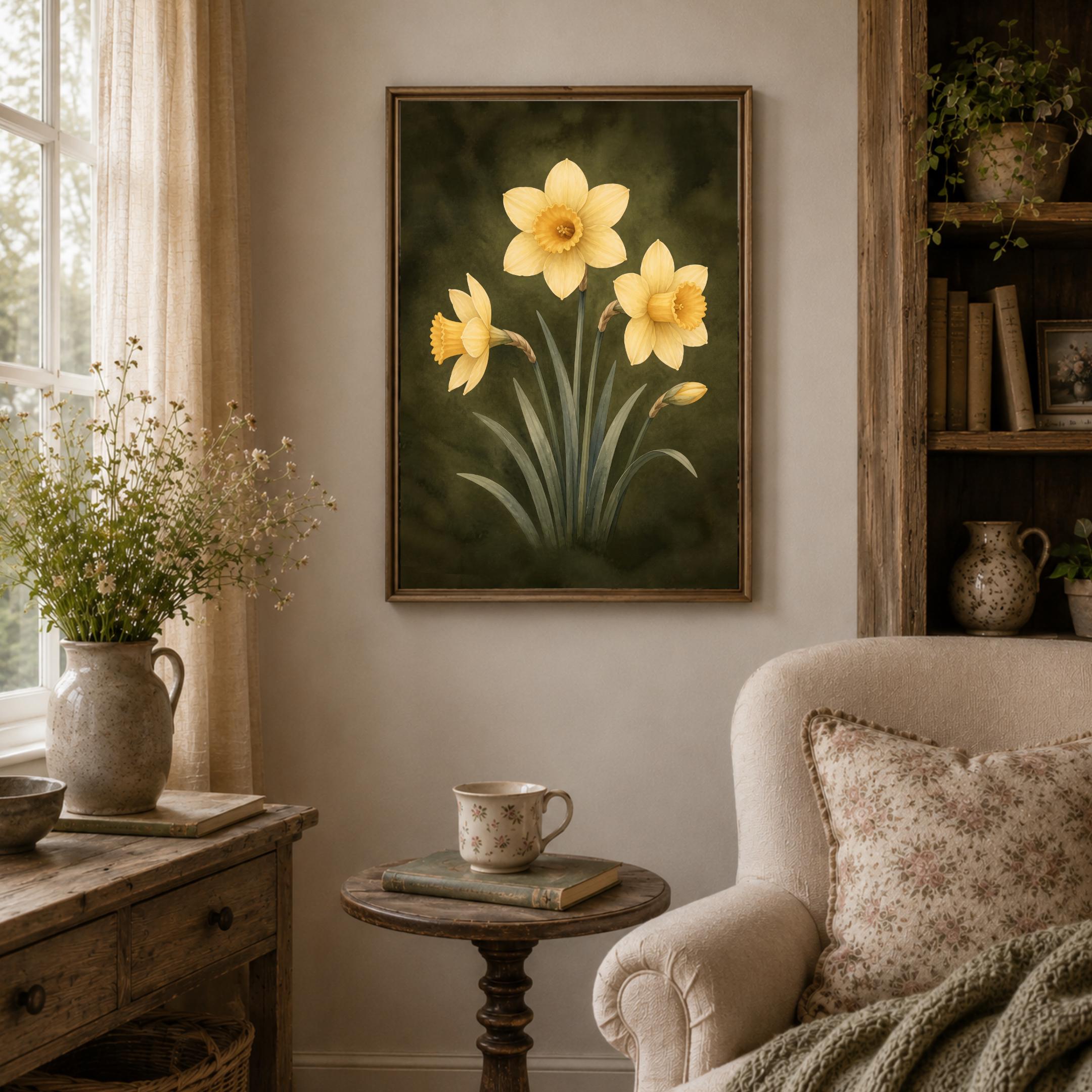Moody March Birth Flower Print | Daffodil Wall Art | Vintage Botanical Digital Download — image 4